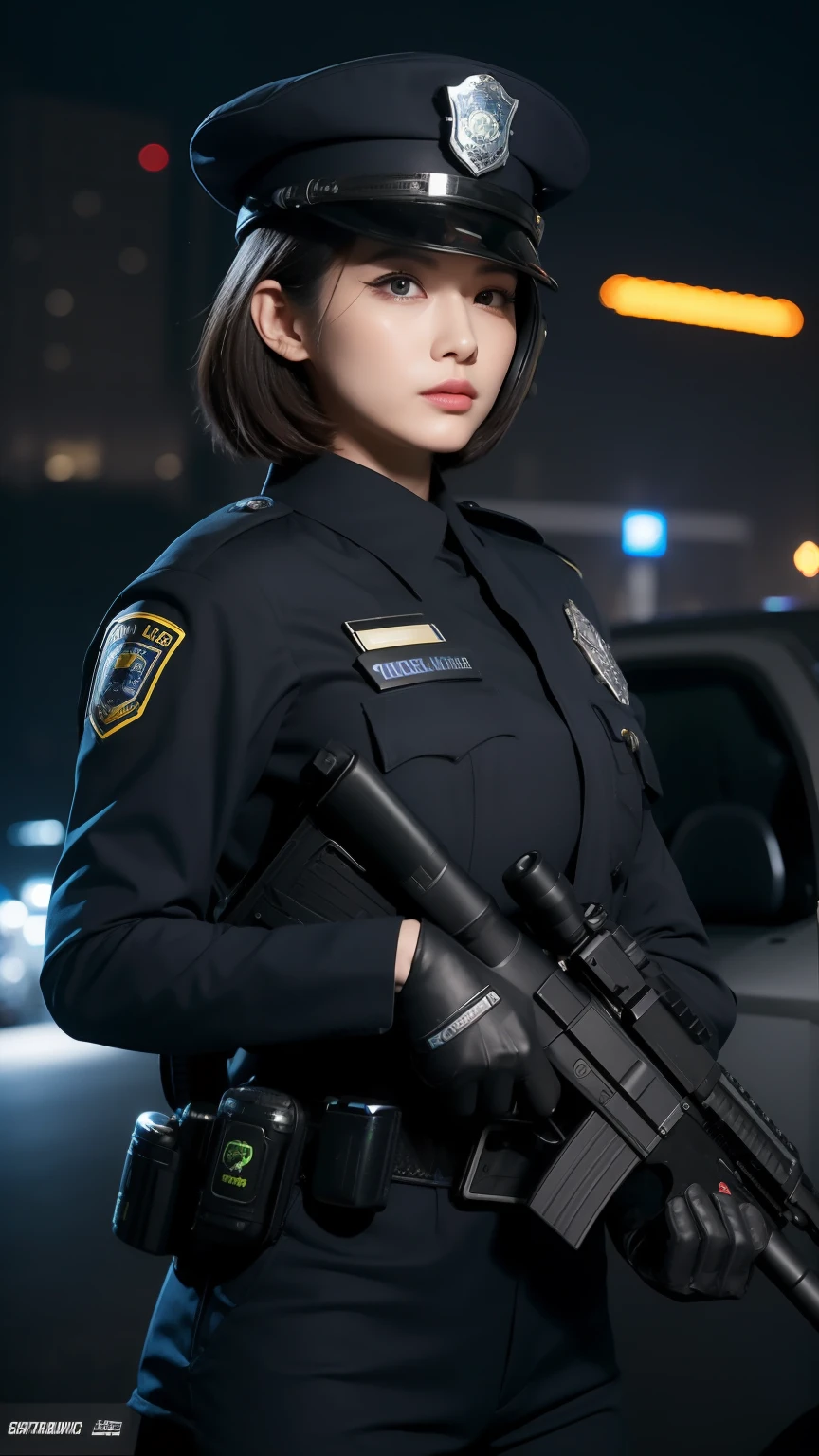 Highest image quality，Outstanding details，超高分辨率，The police of the future，She wears a futuristic SWAT uniform，She stood in front of the police car，Very sexy，Robust body，Sexy and robust，Detailed abs，Detailed muscle lines，dynamicposes，the night，Future city street view background，neonlight，sense of science and technology，future-tech，Very detailed cyberpunk style，cyber punk perssonage，Highly detailed police uniforms，Highly detailed police cap，Highly detailed police force，Highly detailed police badge，Highly detailed armbands，Highly detailed police strips，Highly detailed epaulettes，wear police cap，Highly detailed electric batons，Highly detailed guns，The gun of the future，intercom，Wireless devices，Highly detailed handcuffs，Highly detailed police equipment，Highly detailed police car，Future police car，frontage，Full body photo，Look from the bottom up，look from down, looki at viewer，mechs