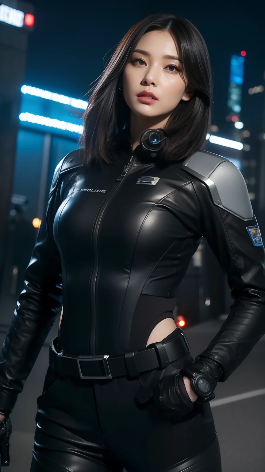 Highest image quality，Outstanding details，超高分辨率，The police of the future，She wears a futuristic SWAT uniform，She stood in front of the police car，Very sexy，Robust body，Sexy and robust，Detailed abs，Detailed muscle lines，dynamicposes，the night，Future city street view background，neonlight，sense of science and technology，future-tech，Very detailed cyberpunk style，cyber punk perssonage，Highly detailed police uniforms，Highly detailed police cap，Highly detailed police force，Highly detailed police badge，Highly detailed armbands，Highly detailed police strips，Highly detailed epaulettes，wear police cap，Highly detailed electric batons，Highly detailed guns，The gun of the future，intercom，Wireless devices，Highly detailed handcuffs，Highly detailed police equipment，Highly detailed police car，Future police car，frontage，Full body photo，Look from the bottom up，look from down, looki at viewer，mechs
