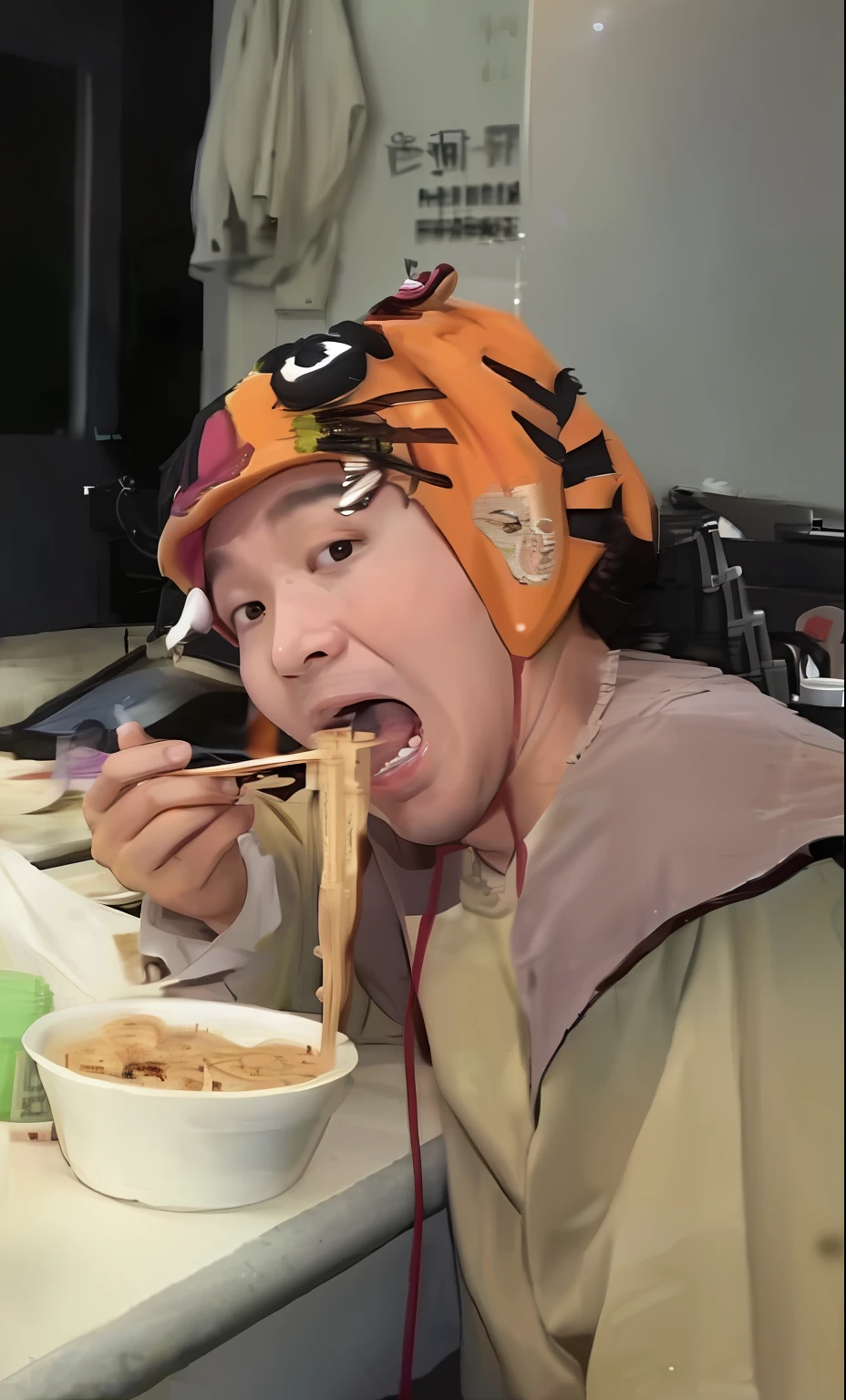 Two men in tiger hats eating at a table, （Stephen Chow），Eating noodles,people inside eating meals, still from live action movie, eating spaghetti, toriyama akira