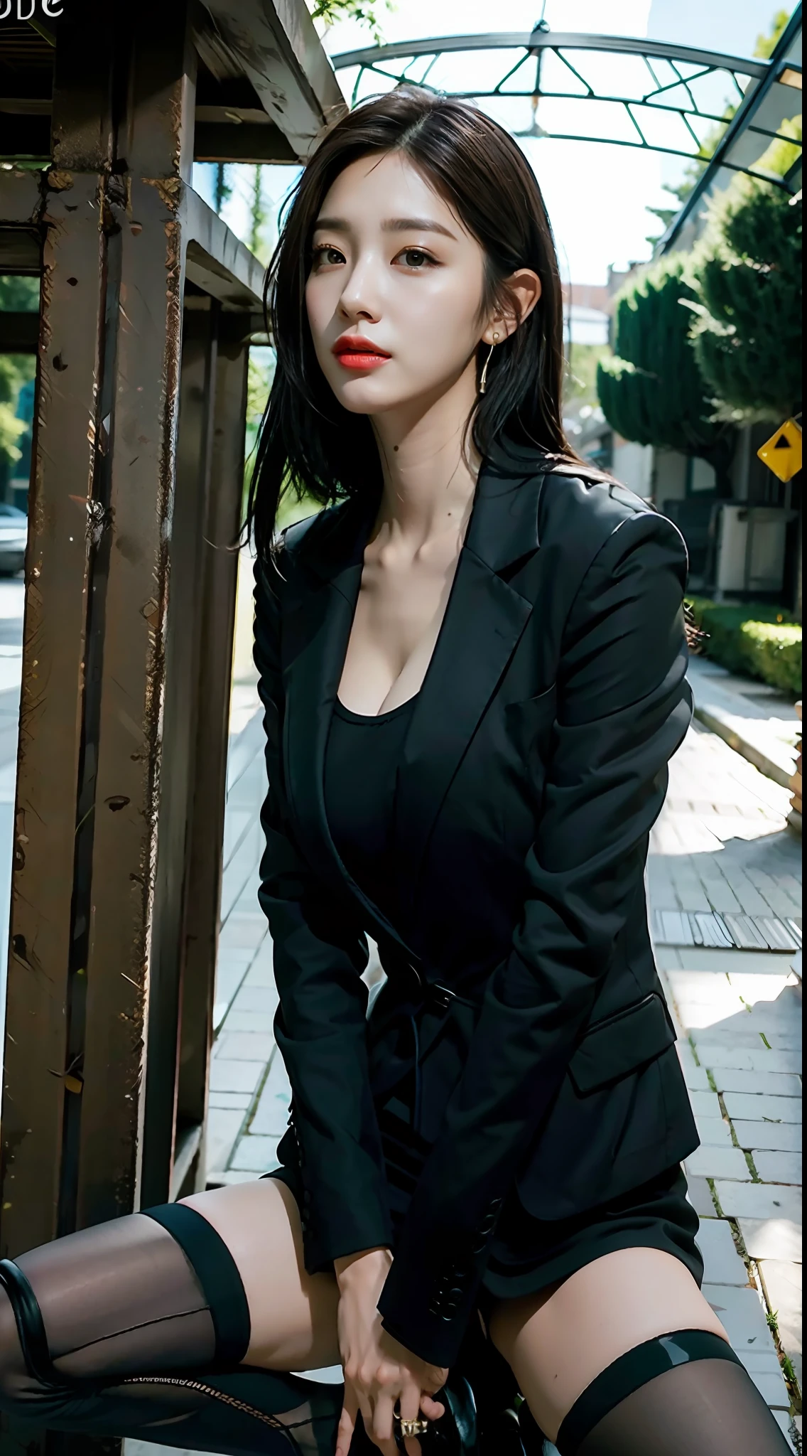 Best Quality, Masterpiece, 1 Girl, Beautiful Face, (Photo Realistic:1.3), Edge Lighting, From Underneath, (High Detail Skin: 1.2), 8k Ultra HD, DSLR, High quality, High resolution, 4K, 8K, Bokeh, Ridiculous, Best Ratio Four Fingers and One Thumb, (Realistic: 1.3), Cute 1girl, Wearing a black formal blazer, huge breasts, sitting on the ground, black stockings, black leather shoes, from below