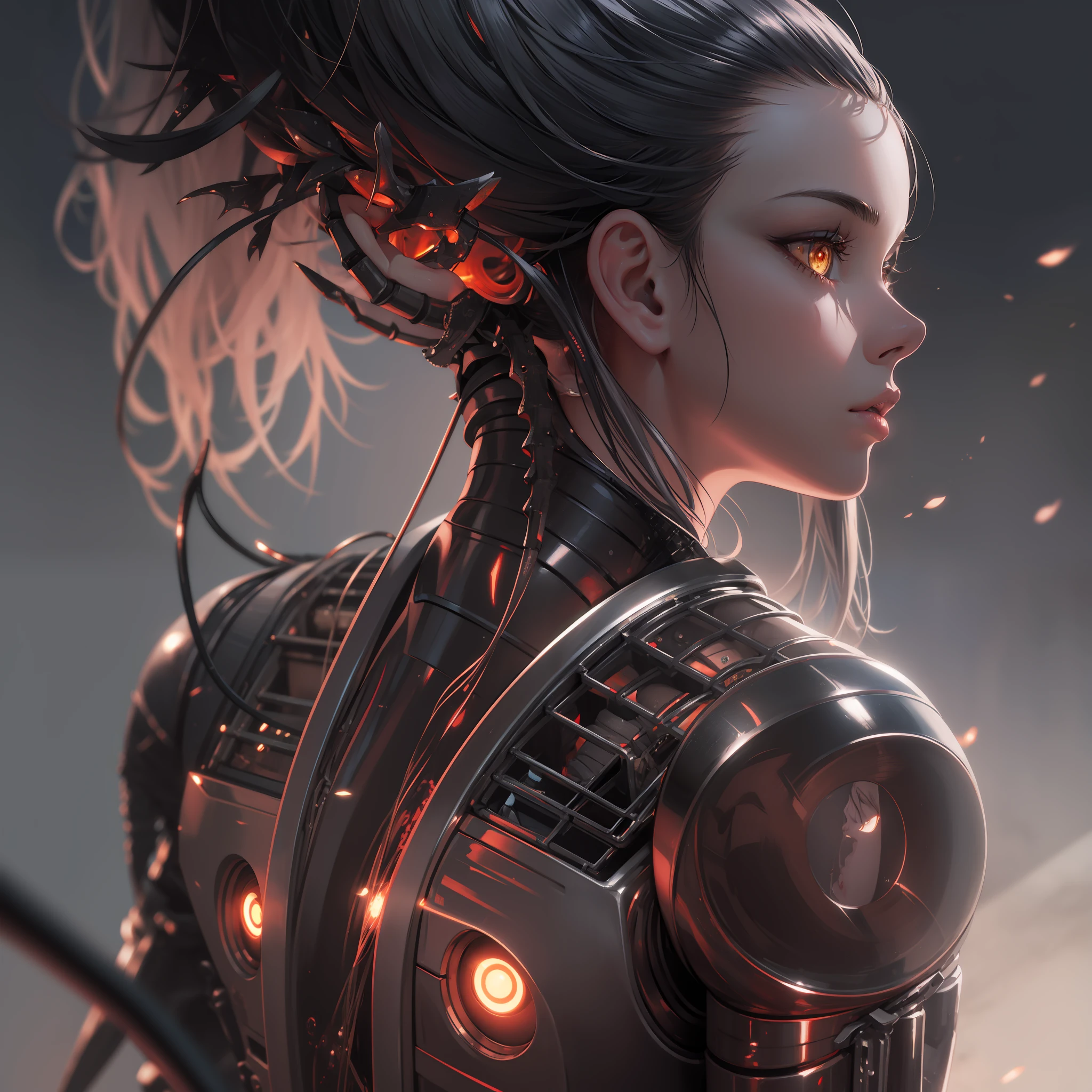 1mechanical girl,((ultra realistic details)), portrait, global illumination, shadows, octane render, 8k, ultra sharp,metal,intricate, ornaments detailed, cold colors, egypician detail, highly intricate details, realistic light, trending on cgsociety, glowing eyes, facing camera, neon details, machanical limbs,blood vessels connected to tubes,mechanical vertebra attaching to back,mechanical cervial attaching to neck,sitting,wires and cables connecting to head