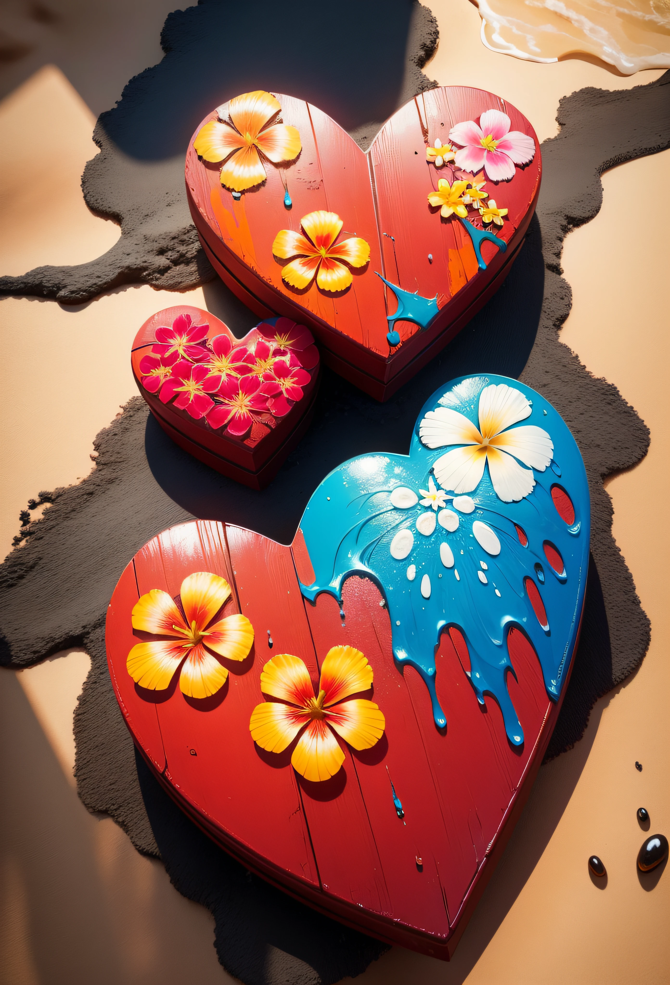 Hawaiian flowers in the shape of a heart on the beach，super high-quality model，dripping paint，oil painted，Abstract beauty，Heavy strokes
