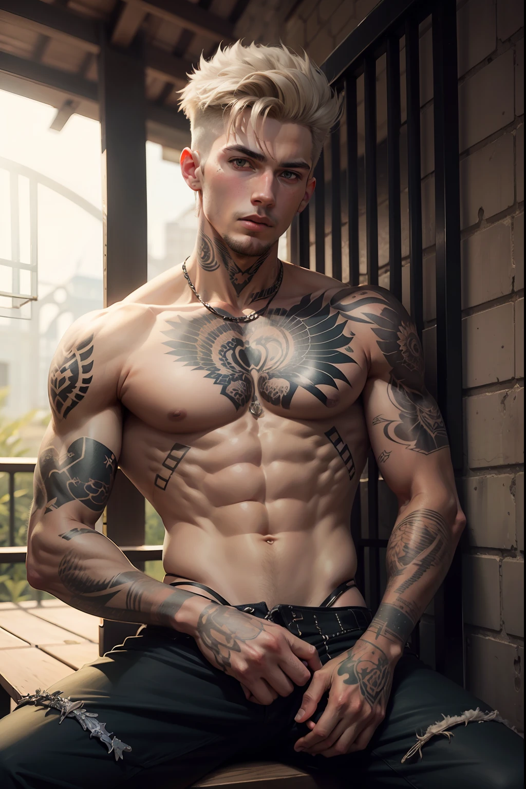 Man with tattoos sitting on a bench in a caged area, Marcos Ariano, Estilo de Seb McKinnon, com tatuagens, inspired by Kristian Kreković, Raphael Personnaz, Jamie Coreth, androgynous male, lucas graziano, zac retz, christian cline, modelo editorial, inspirado em Maximilian Cercha, Nick Silva,