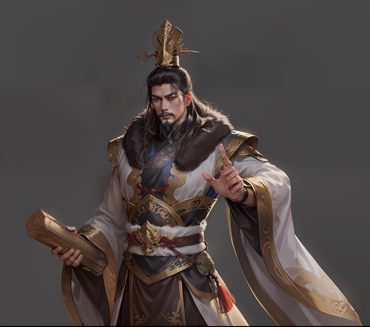 1boy,(8k,Best Picture Quality,tmasterpiece:1.4),final fantasy,The highlight hits the face，Mature man, Chinese style, ancient Chinese long hair, black eyes, split ends, long hair, long bangs, handsome, masculine, serious, gentle, tall, calm, calm and black gold blend，Gold texture，loong pattern，Highly detailed face，General of the Great Qin Empire，Wearing an imperial crown on his head，Dressed in a golden military uniform，Handheld a scroll，Angry eyes，sbeard，Deterrence in all directions，Extremely detailed，Colorful，highestdetailed，offcial art，统一 8k 壁纸，ultra - detailed，Handsome，big breasts beautiful，tmasterpiece，best qualtiy，（zentangle，datura，Tangles，entangled），holy rays，gold foil，Gold leaf art，glitter drawing，PerfectNwsjMajic