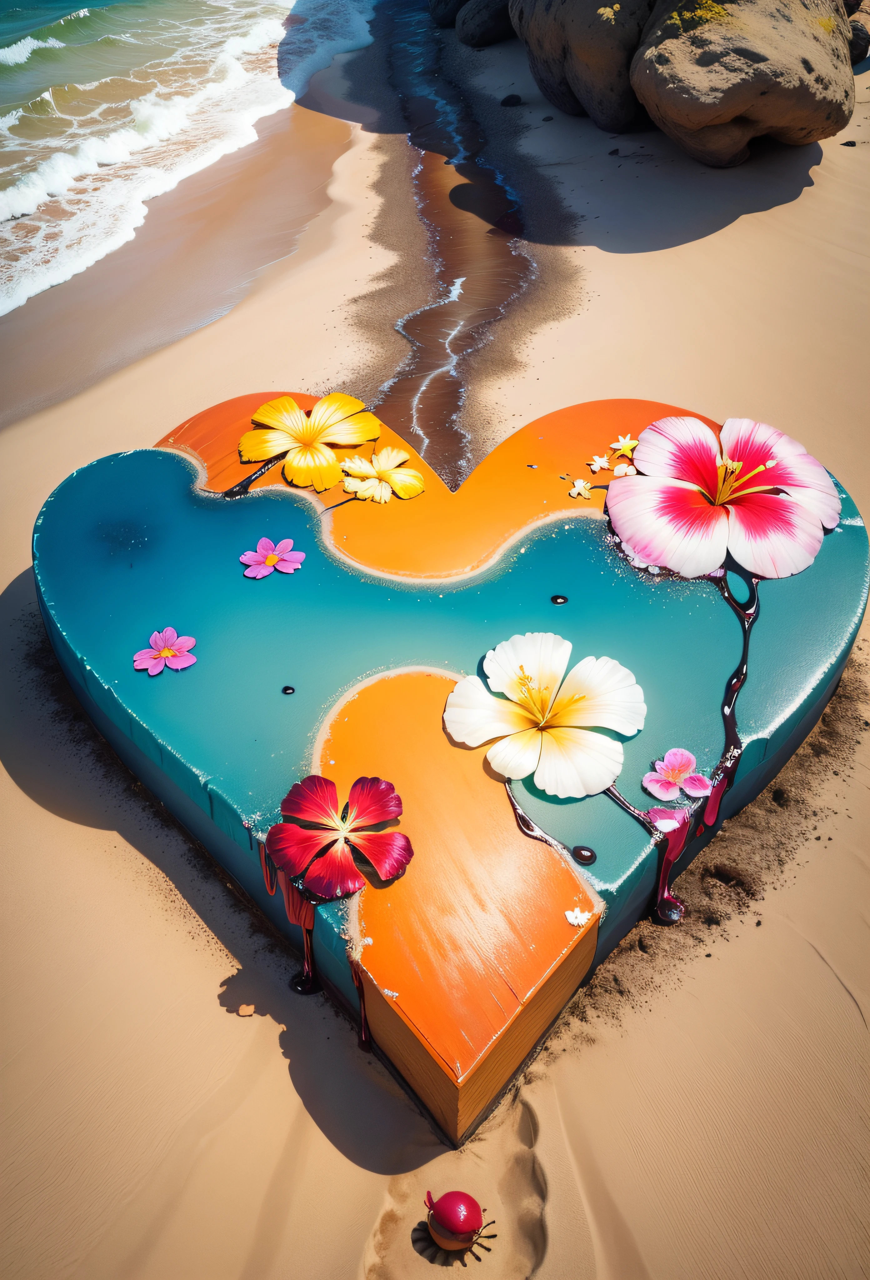Hawaiian flowers in the shape of a heart on the beach，super high-quality model，dripping paint，oil painted，Abstract beauty，Heavy strokes