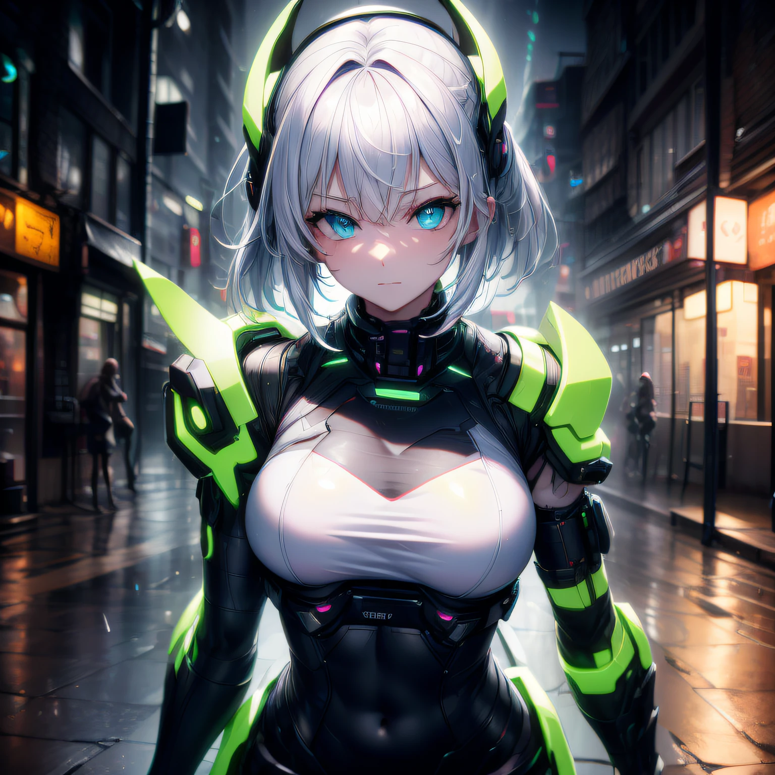 An award-winning masterpiece photo of a psychedelic cyborg standing on a city street at night in the rain, wearing neon glowing goggles, 8k, (high quality: 1.1), (cinematic: 1.1), dark and deep Shadows, Incredibly Intricate Detail, Artistic, (Close: 1.1), Viewed from Above, Looking at Viewer, (Flash: 1.1), (Chromatic Aberration,: 1.2) Floating Light Artifacts in Background
