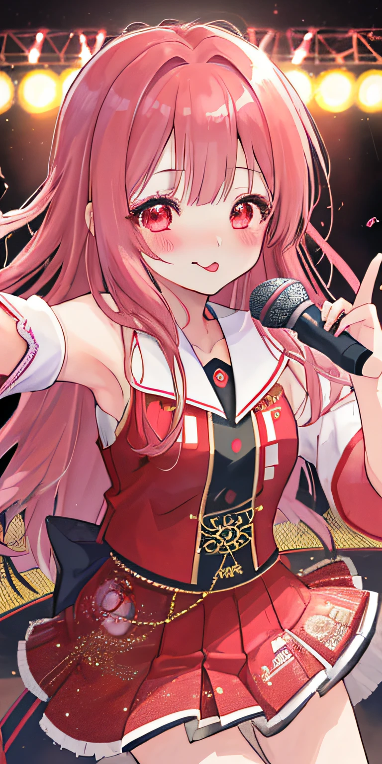 1girl in、独奏、Ai Hoshino、Peace Pose、tongue-out、red blush、Supreme Idol、idol、microphone、LIVE Stage、masterpiece、top-quality、Detail Enhancement、most beautiful image in the world、8K分辨率、Stunning inspiration