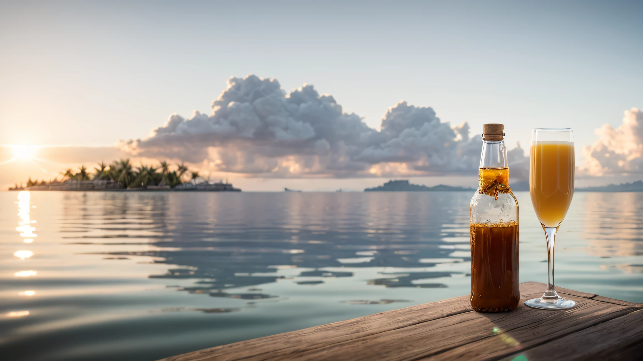 white colors，Dark brown glass bottle，Golden drinks，great weather，Relaxed，warm，blue-sky，Coconut tree island in the background, Depth of field, Ray tracing, hyper HD, ccurate, High details, Textured skin, High quality, Best quality, A high resolution, Award-Awarded, Anatomically correct, 巨作