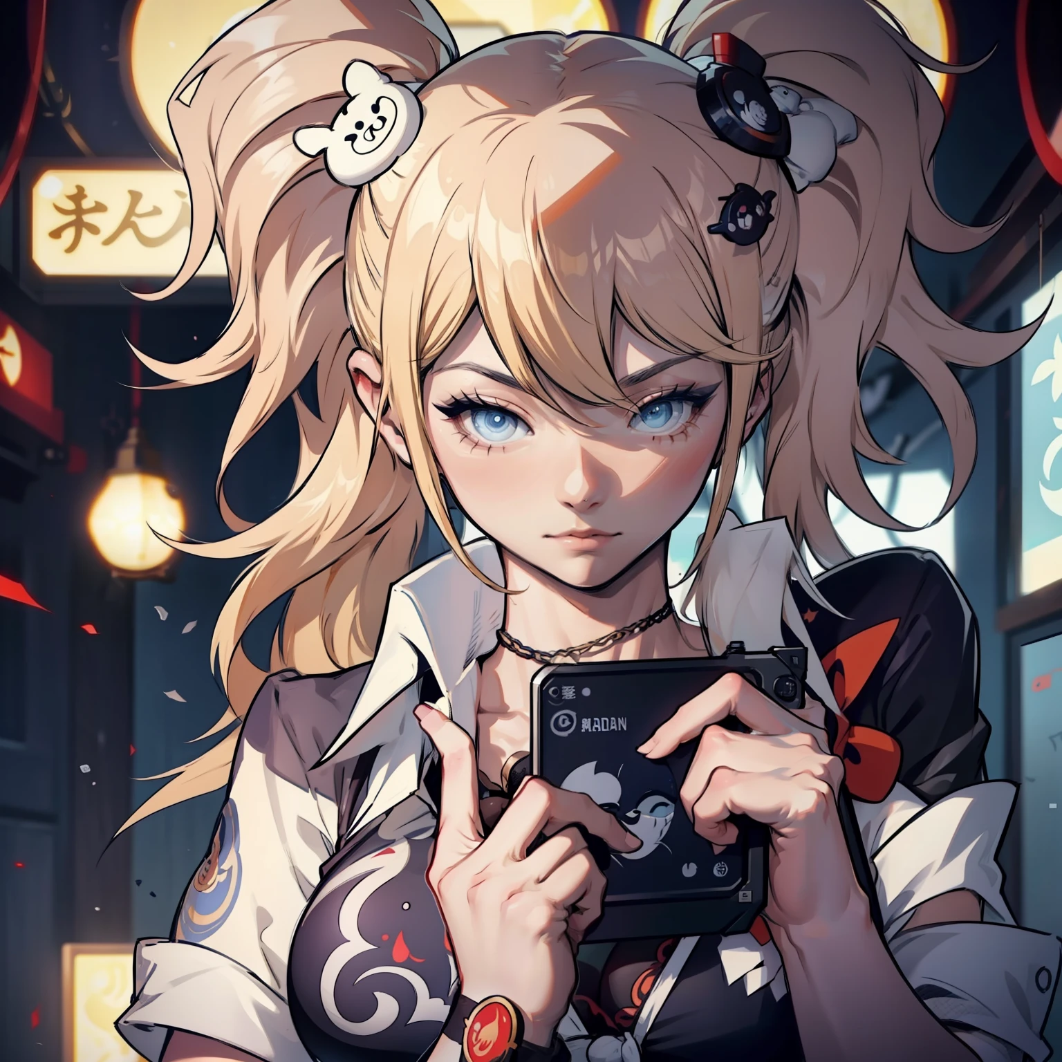 Junko Enoshima with raiden shougn(genshin impact) (playing video games), blond hair, blue eyes