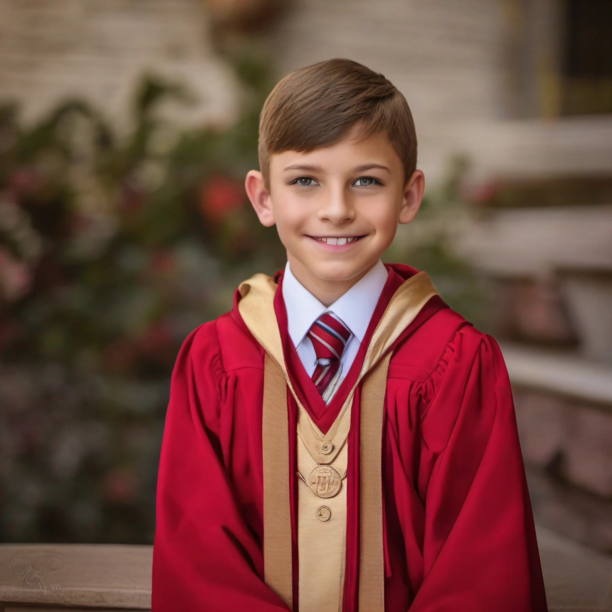 10 year old boy, red suit, Graduation photo, wearing academic gown, high school boy portrait, close-up portrait photo, color portrait photography,
