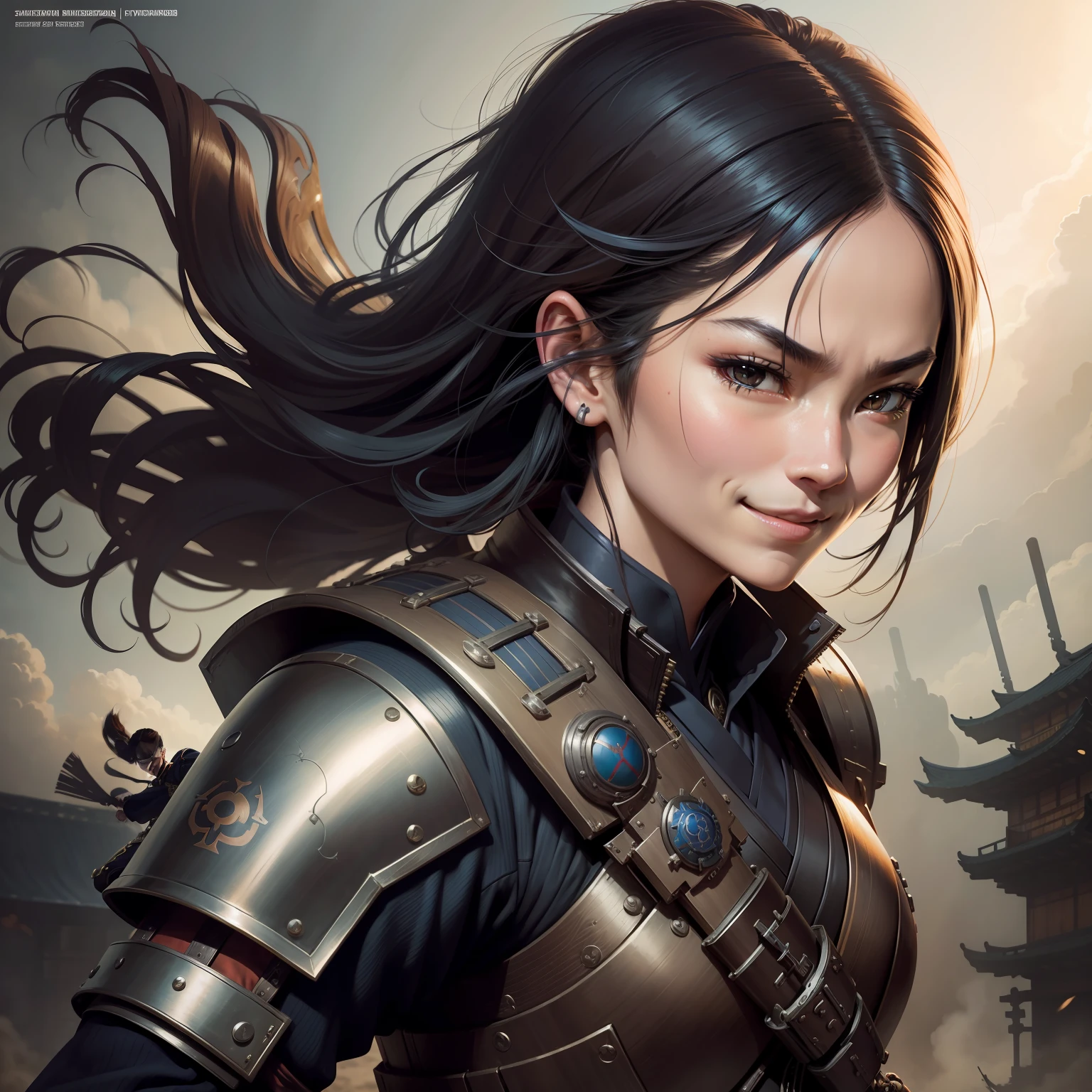 Steampunk, Female Samurai, Samurai Armour, Japanese Wind and Thor, Alone, Black Suit, Blue Tie, Confident Smile, very detailed facial features, Dynamic Pose, by Hayao Miyazaki or Chesley Bonestell for the cover of Heavy Metal magazine