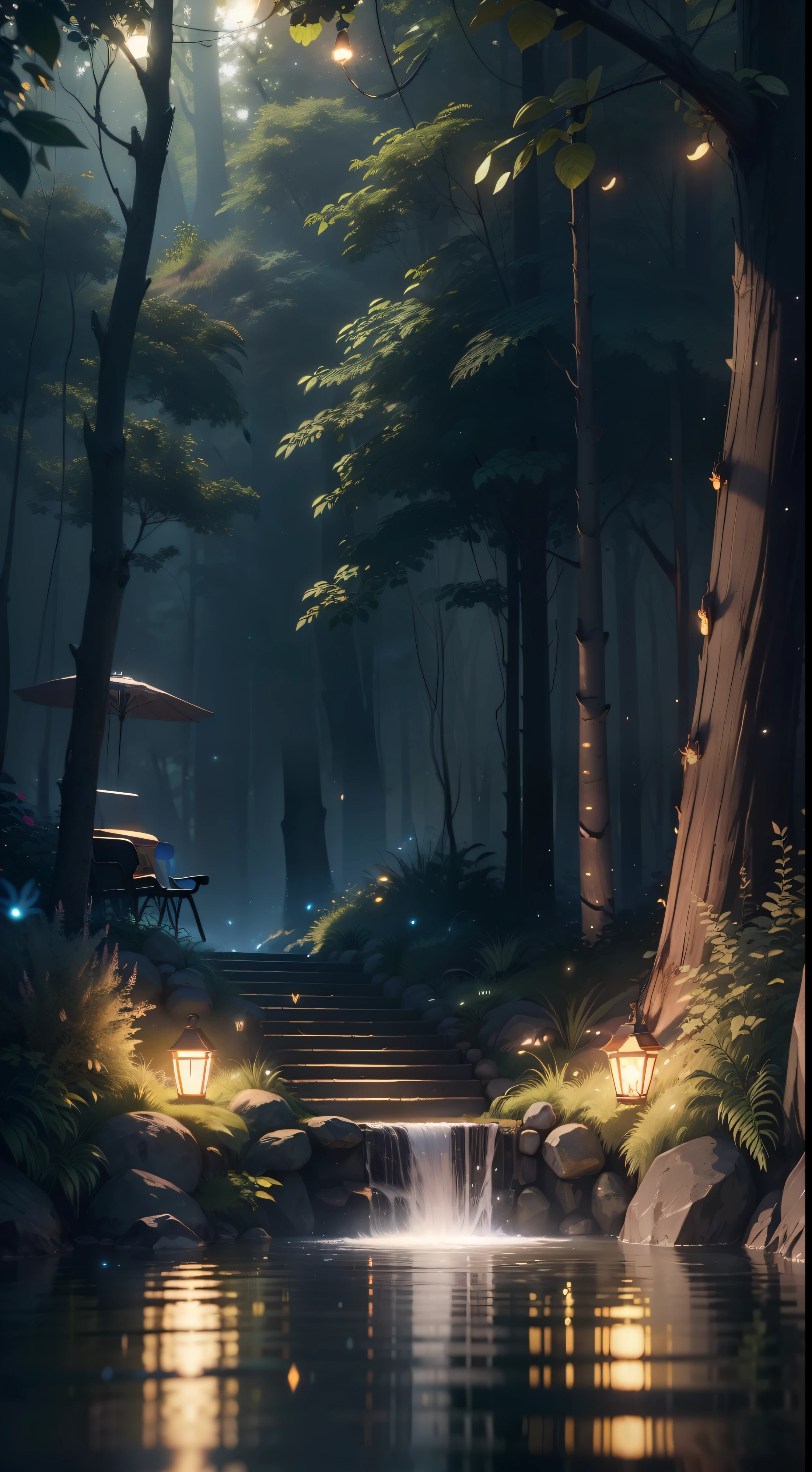 Masterpiece, best quality, (very detailed CG unity 8k wallpaper), (best quality), (best illustration), (best shadows), glow sprite, with a glowing deer, in the swimming pool Drinking water, natural elements in the forest theme. Mysterious forest, beautiful forest, nature, surrounded by flowers, delicate leaves and branches surrounded by fireflies (natural elements), (jungle theme), (leaves), (twigs), (fireflies), (particle effects) etc. 3D , Octane rendering, ray tracing, super detailed
