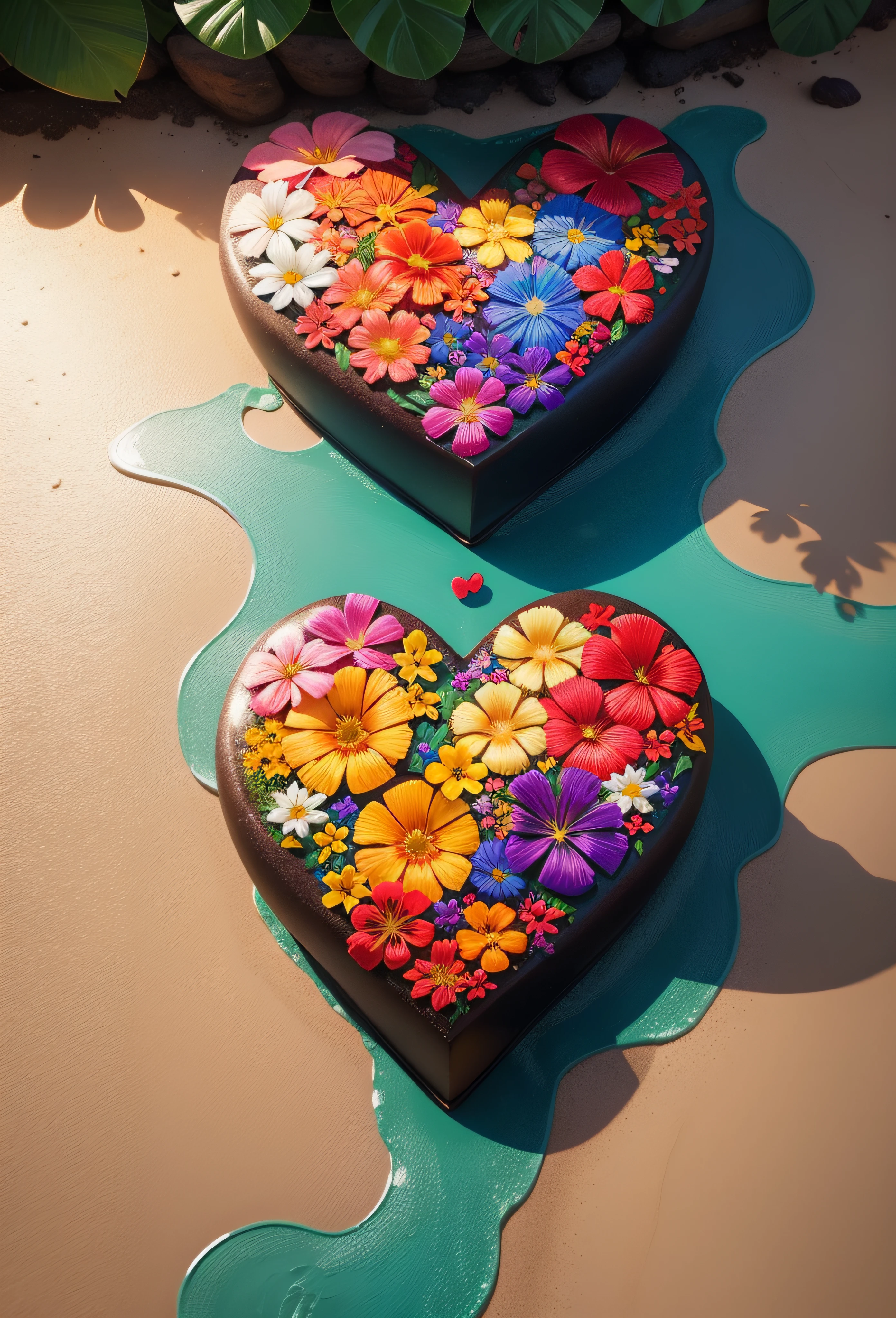 Many Hawaiian flowers are arranged in heart-shaped shapes on the beach，super high-quality model，dripping paint，oil painted，Abstract beauty，Heavy strokes+