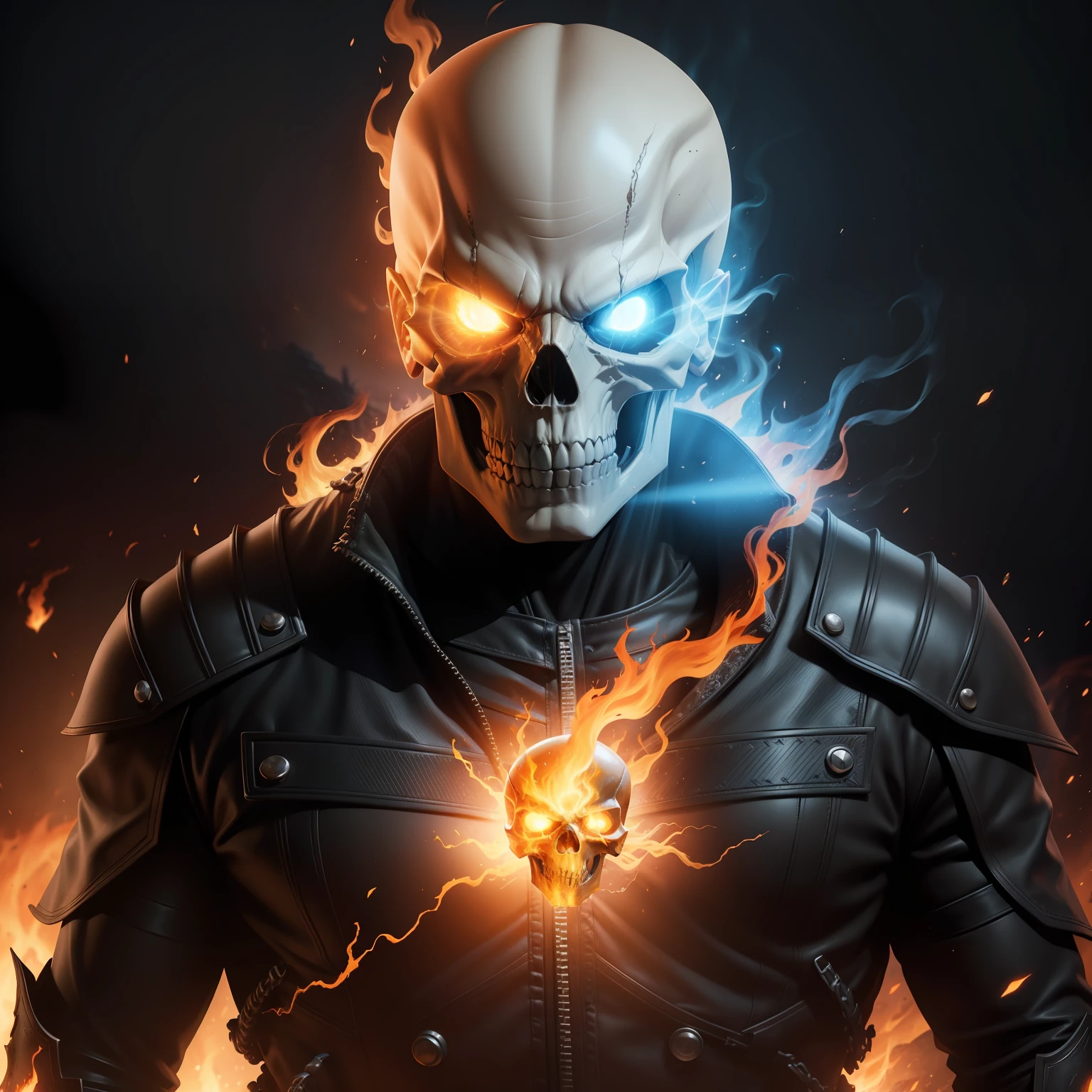 marvel ghost rider, 4k, photorealism, 3d, full hd, cosmic and mystical flames out of the skull, background, countryside landscape, fog, unreal engine 5, ultra HD, glowing eyes, skull with samurai details