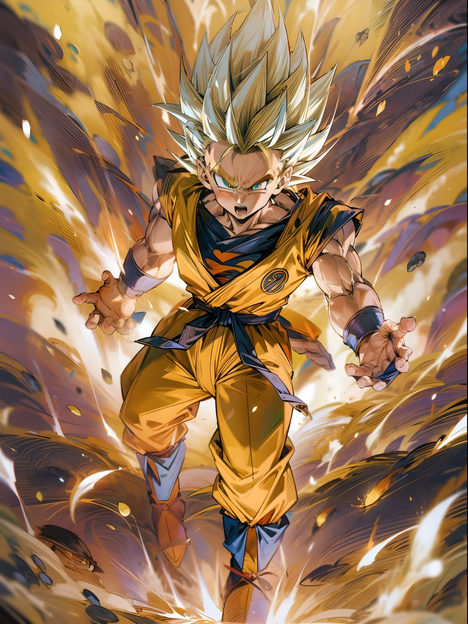 8K、Drawn with ultra-high definition detail「dragon balls」In the world of、Illustration of Super Saiyan in action。The subject is１In Super Saiyan、He radiates a powerful and great energy。His body is enveloped in a shining golden color.、It makes you feel mighty and powerful.。

The world of Dragon Ball spreads out beautifully in the background、Vibrant colours and a vibrant atmosphere。Dragon Ball characters and Super Saiyans who emit energy are depicted in action.、A world of epic adventure unfolds。

The pose is a powerful posture as a Super Saiyan、Thrust your hands forward、It is depicted emitting a great amount of energy.。His eyes were serious.、Makes you feel the will to stand up to the enemy。

The costume is a vivid battle suit unique to Super Saiyans.、Together with golden hair, it expresses the strength and courage of Super Saiyan。

The colors are vivid colors of the world of Dragon Ball and、Super Saiyan's golden hair is beautifully represented。The brilliance of energy is also even more pronounced。

The effect depicts a sense of dynamism like an explosion of Super Saiyan energy.、His mighty power and fierceness of combat are expressed。

Background effects depict the adventures and excitement of the Dragon Ball universe、The battle of the Super Saiyans unfolds on an epic scale。