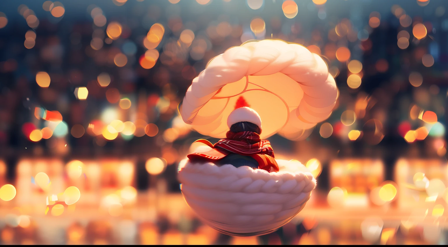 Best Quality,4K, a girl is standing, daily life, White breath, knit hat, knitted sweater, red scarf, Winters, Christmas market in the background, Fluttering white soft snow, Warm light, Warm atmosphere, brown, orange, Marketperson々, Busy market, booth, food stand, (Blur on background:2),(full body:2)