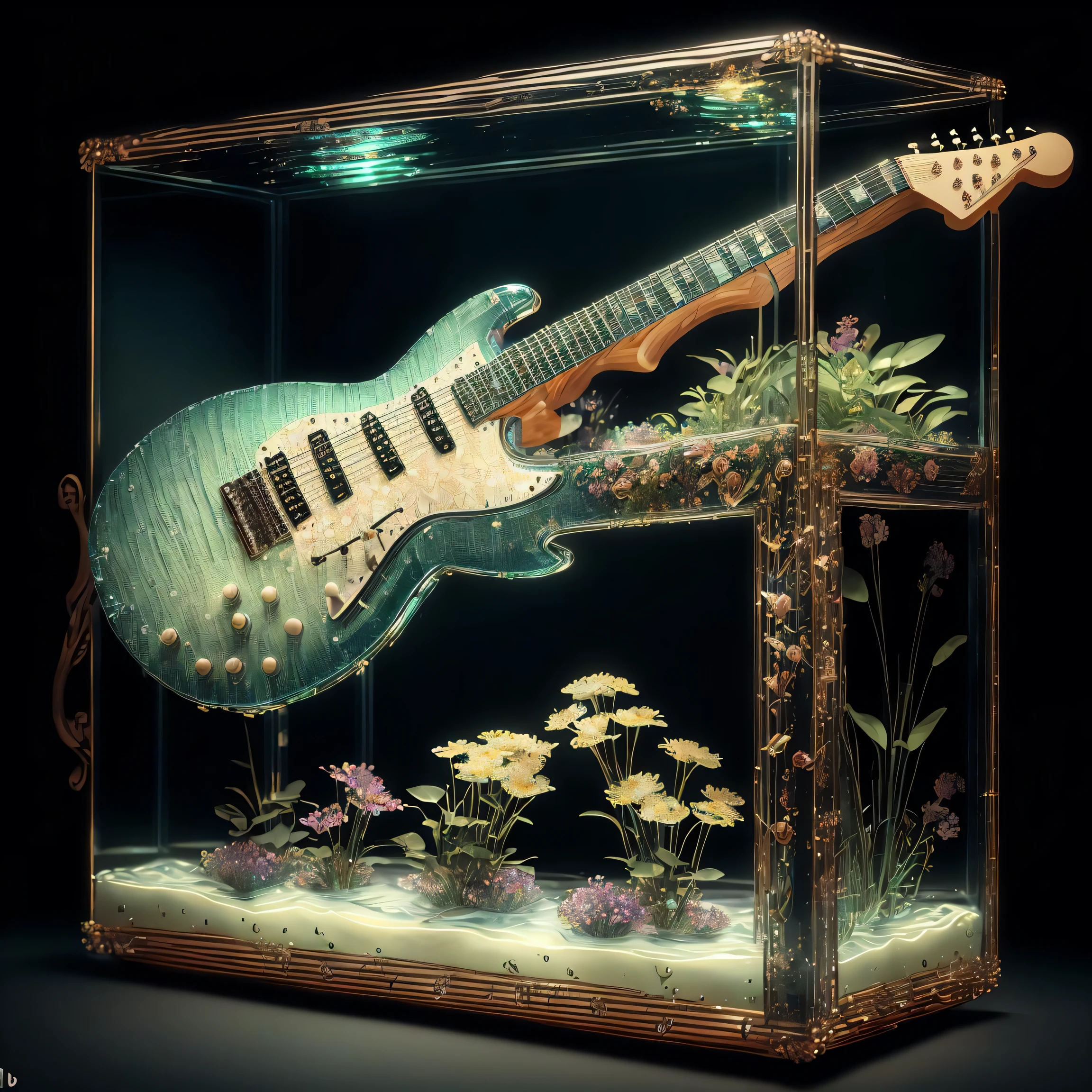 masterpiece of glass guitar with plants inside, water, glowing, flowers, high quality, high detail, best quality, rtx, 4k, 8k,