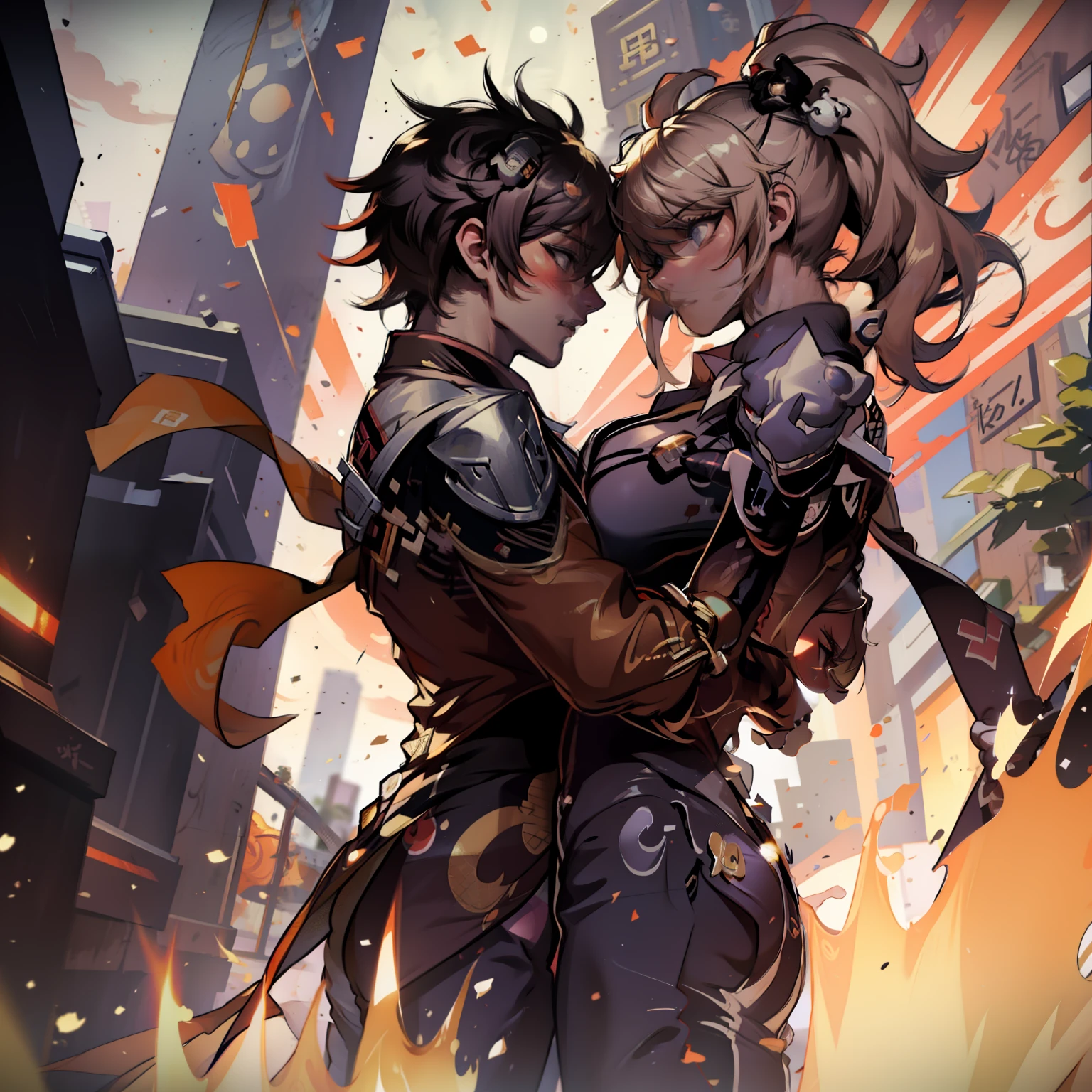 zhongli with Junko Enoshima (genshin impact) (playing video games together),