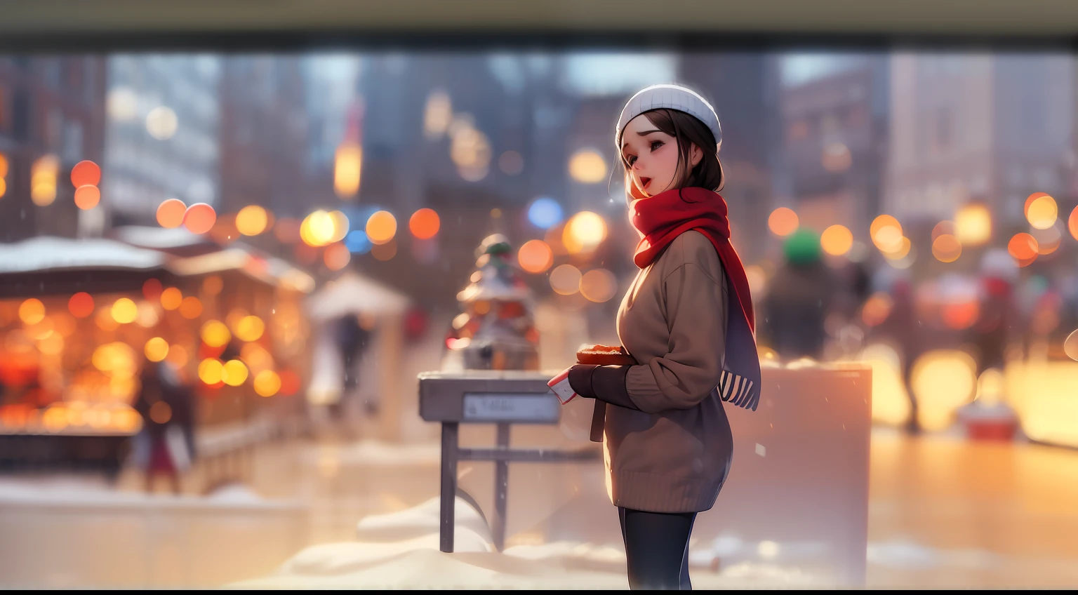 Best Quality,4K, a girl is standing, daily life, White breath, knit hat, knitted sweater, red scarf, Winters, Christmas market in the background, Fluttering white soft snow, Warm light, Warm atmosphere, brown, orange, Marketperson々, Busy market, booth, food stand, (Blur on background:2),