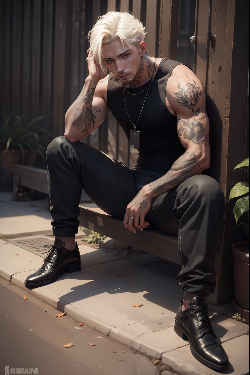 Man with tattoos sitting on a bench in a caged area, Marcos Ariano, Estilo de Seb McKinnon, com tatuagens, inspired by Kristian Kreković, Raphael Personnaz, Jamie Coreth, androgynous male, lucas graziano, zac retz, christian cline, modelo editorial, inspirado em Maximilian Cercha, Nick Silva,long pants black