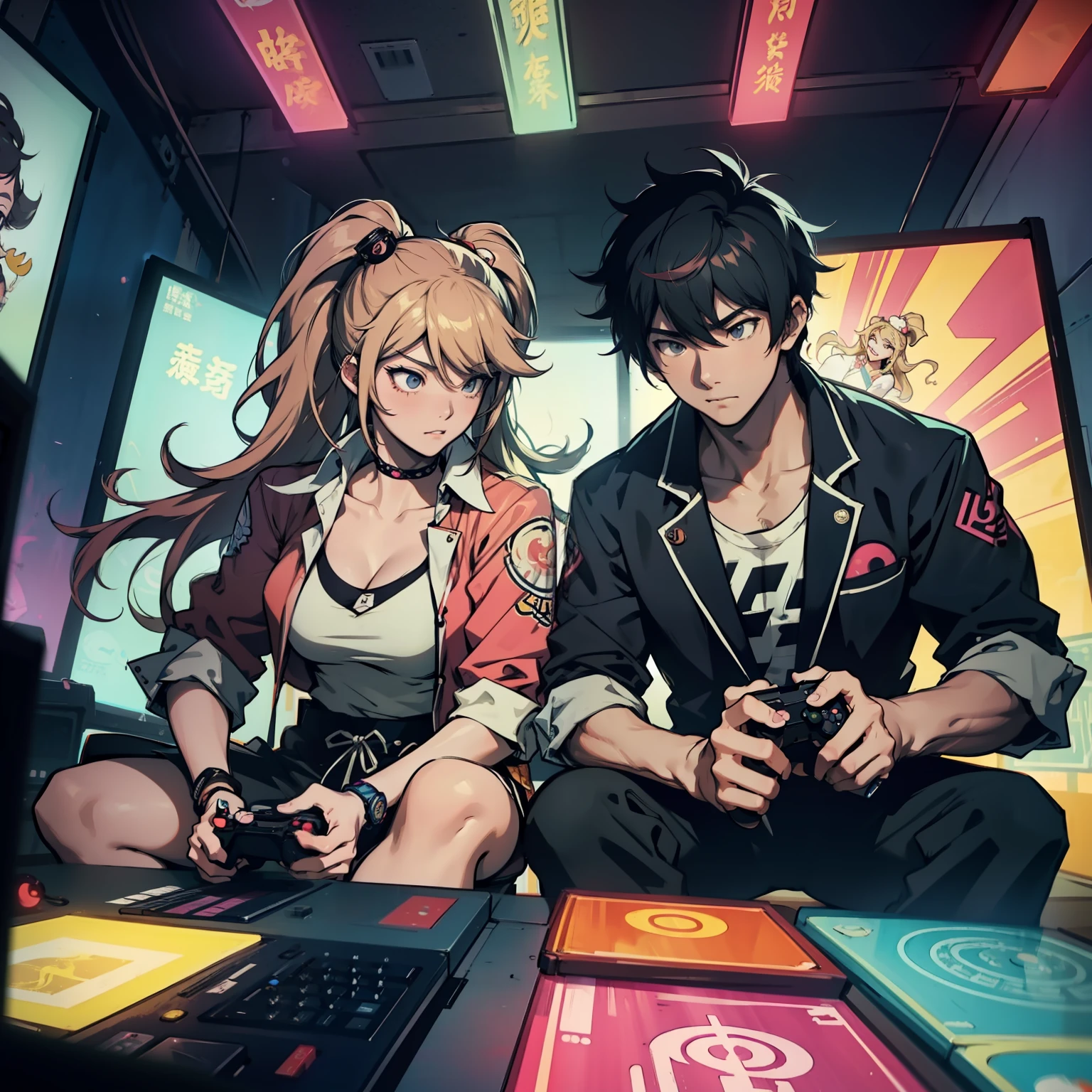 Junko and zhongli playing video games together in a room full of 80s style anime and posters in neon tones with video game controllers in their hands and enjoying