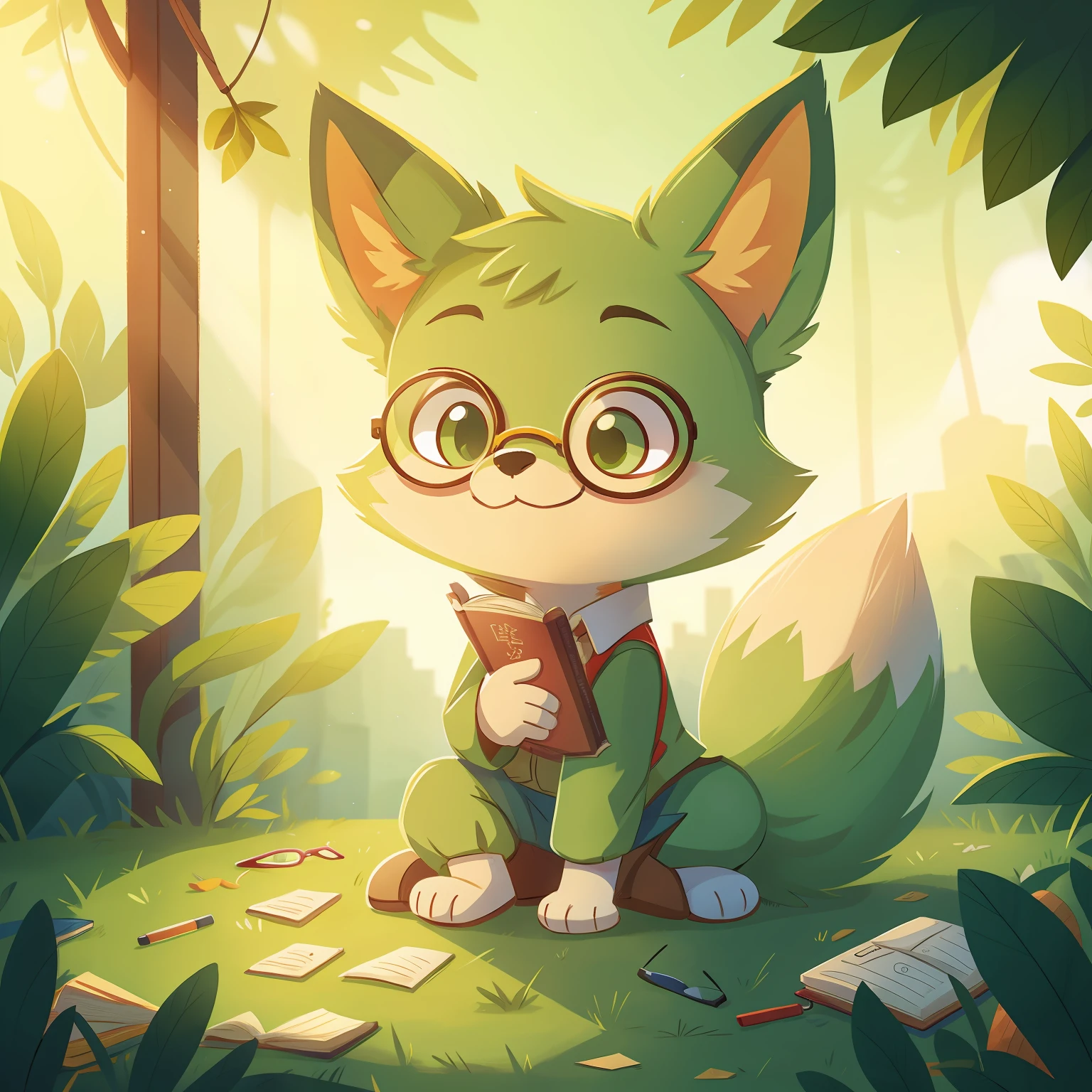 The Q version of the cute green fox wears glasses，One finger points to the blackboard，There are English books on the ground