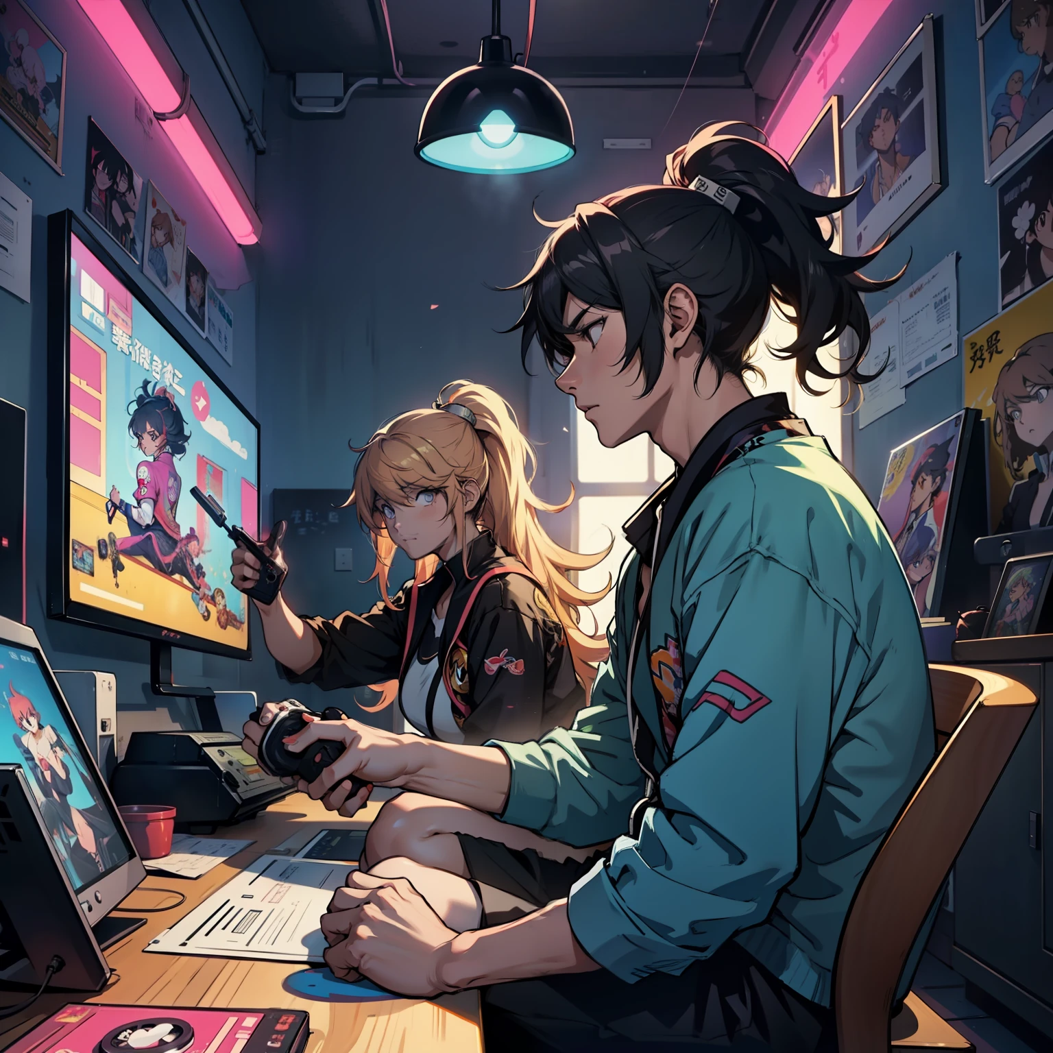 Junko and zhongli playing video games together in a room full of 80s style anime and posters in neon tones with video game controllers in their hands and enjoying