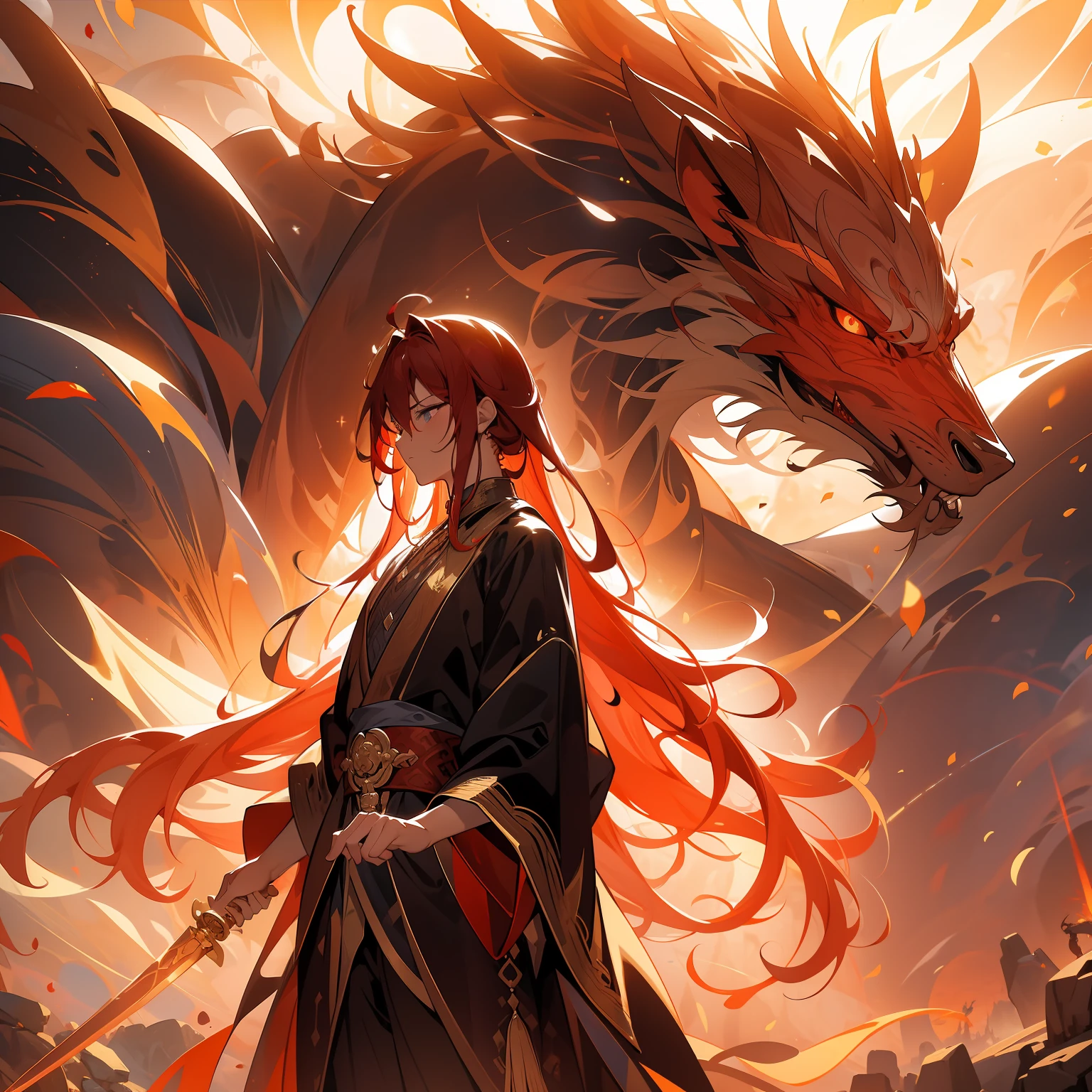 tmasterpiece:1.2),A man,Long flowing red hair,best qualtiy,Hold a sword in hand ,glittery,,It emits a cold light,,ln the forest,Surrounded by leaves and lightning particles. , (fenghuang),The majestic gesture and the surrounding flames.Lightning surged around them, creating an opulent atmosphere. The image is in high definition
