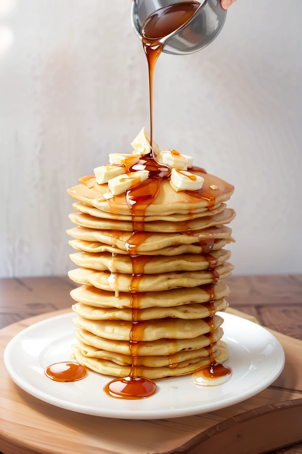 masterpiece, high quality, best quality, pancakes poured with maple syrup, (thin pancakes), foodphoto,