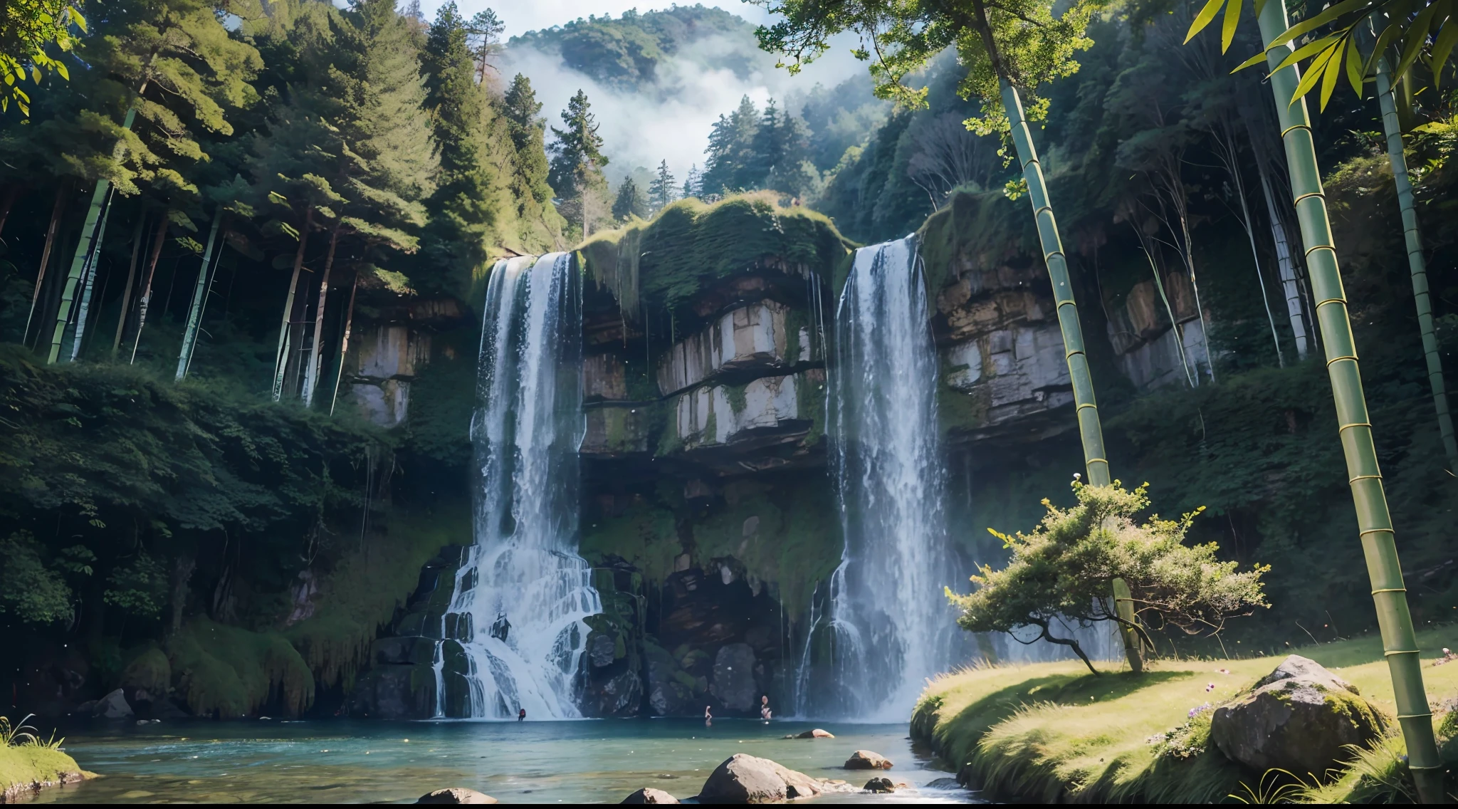 Masterpiece, best quality, 8K, high res, ultra-detailed, A scene of a waterfall cascading down a high cliff amongst lush greenery, adorned by vibrant flowers, towering pines, and delicate bamboo groves,no humans, sakura, beautiful view, ultra-detailed, fine detailed, highly detailed, intricate, highly detailed, ultra-detailed, scenery,no humans, lush green mountains, winding rivers, misty atmosphere, solitary, intricate details, delicate features, verdant trees, blooming flowers, druid's circle, soft moss, deep forest, intricate leaves and vines, wisps of light, still pool of water, pristine, verdant green, A picturesque scene of a waterfall cascading down a high cliff amongst lush greenery, adorned by vibrant flowers, towering pines, and delicate bamboo groves.