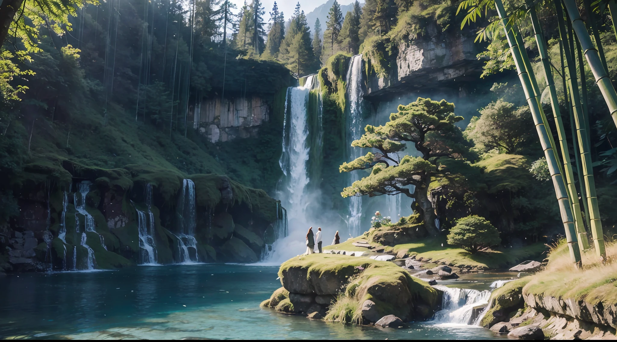 Masterpiece, best quality, 8K, high res, ultra-detailed, A scene of a waterfall cascading down a high cliff amongst lush greenery, adorned by vibrant flowers, towering pines, and delicate bamboo groves,no humans, sakura, beautiful view, ultra-detailed, fine detailed, highly detailed, intricate, highly detailed, ultra-detailed, scenery,no humans, lush green mountains, winding rivers, misty atmosphere, solitary, intricate details, delicate features, verdant trees, blooming flowers, druid's circle, soft moss, deep forest, intricate leaves and vines, wisps of light, still pool of water, pristine, verdant green, A picturesque scene of a waterfall cascading down a high cliff amongst lush greenery, adorned by vibrant flowers, towering pines, and delicate bamboo groves.