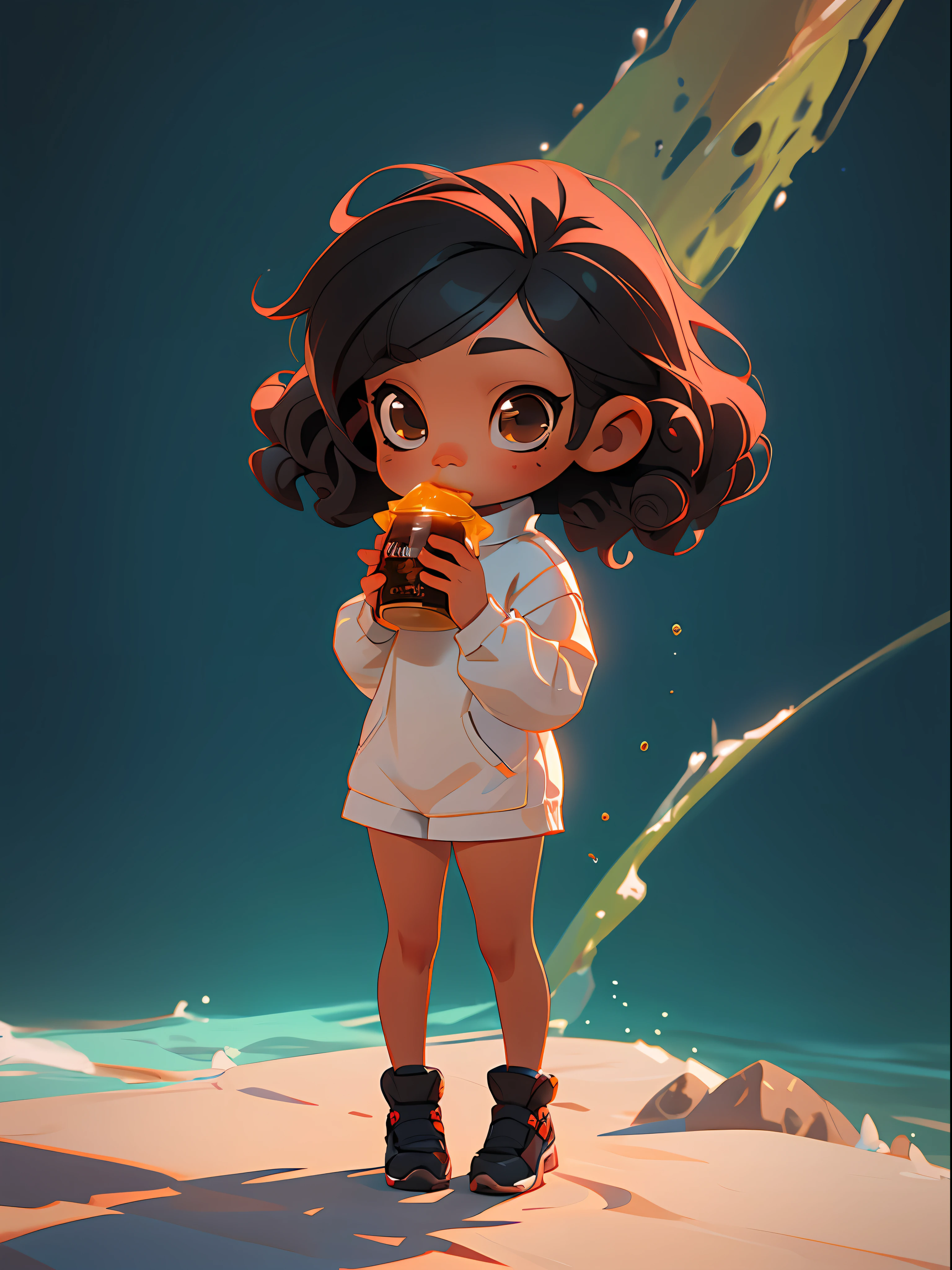 Masterpiece mixed race tan girl Cute MINI, chibi, v3, long black silky-curly hair, big honey eyes, eating honey, Very detailed quality, 8k resolution, rendering with unreal engine technology highly performance. Full body, Cinematic background.