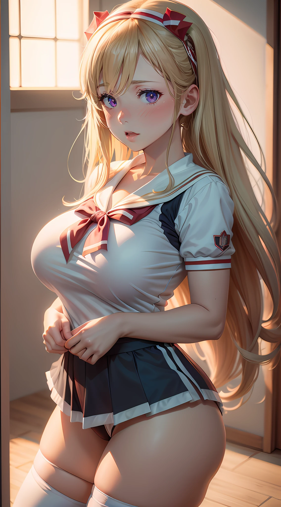 white thighhighs, Ear blush,hearts in eyes,full blush,Tsundere,cheer leader,Volleyball uniform,Blonde hair,shairband, anime screenshot}(Masterpiece, Best quality, illustration, Cinematic lighting，CG，the wallpaper)，1 girl , Beautifully detailed eyes，Messy hair，Long hair, flipped hair，hair glowing，angle of view，Blush，serafuku，Sailor senshi uniform, shadowing,Depth of field,Chiaroscuro,Lens flare,Cinematic lighting,Realistic, Tsundere,:D,rough breath,  Medium hair,, Best quality at best, Very Fine Detail, Highest high resolution，((Big breasts))，((Bulge))，with brown eye，Asian face