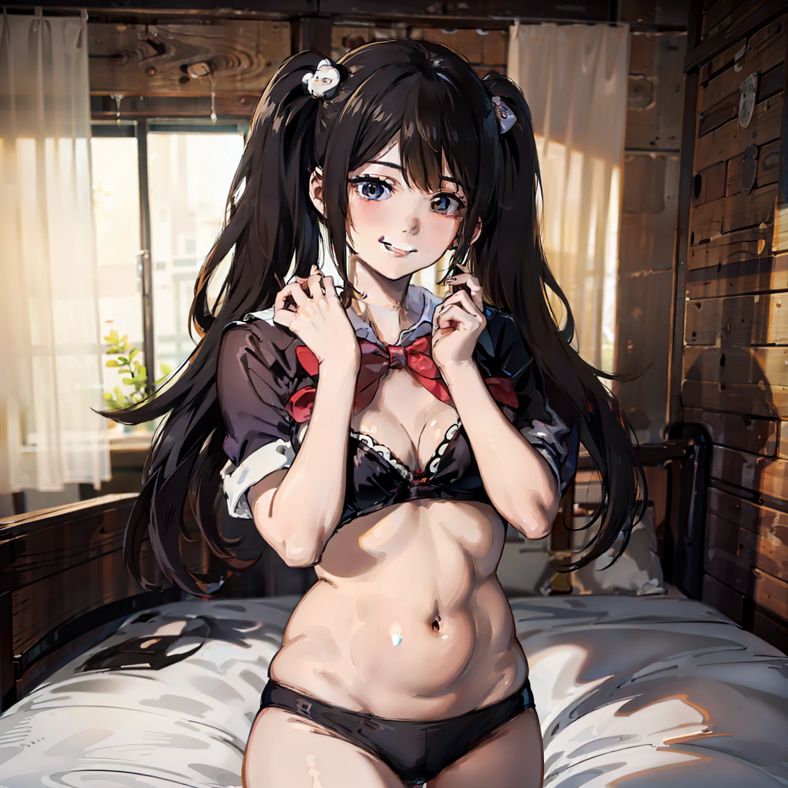 Big breasts, masturbation, school uniform, underwear, cute bra, (((falls on the bed)), ((shows off the crotch)), hands on the crotch, clear liquid leaks from the crotch, cute underwear, long bangs, smiling girl, , big breasts, black hair pigtails, patsun, black hair, brooding, glasses, chubby,, red cheeks, ecstasy,