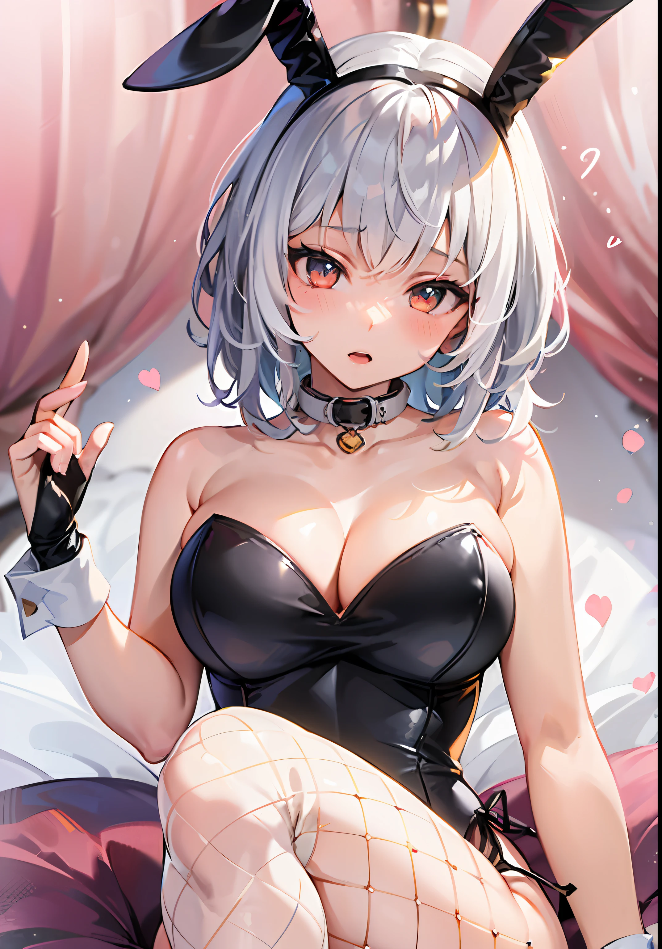 (((masterpiece, best quality, 1 girl, female focus))), medium hair, white hair, pure white hair, bunny ears, black bunny ears, collar, breasts, large breasts, bunny outfit, playboy bunny outfit, exposed shoulders, exposed cleavage, fishnets, thighs