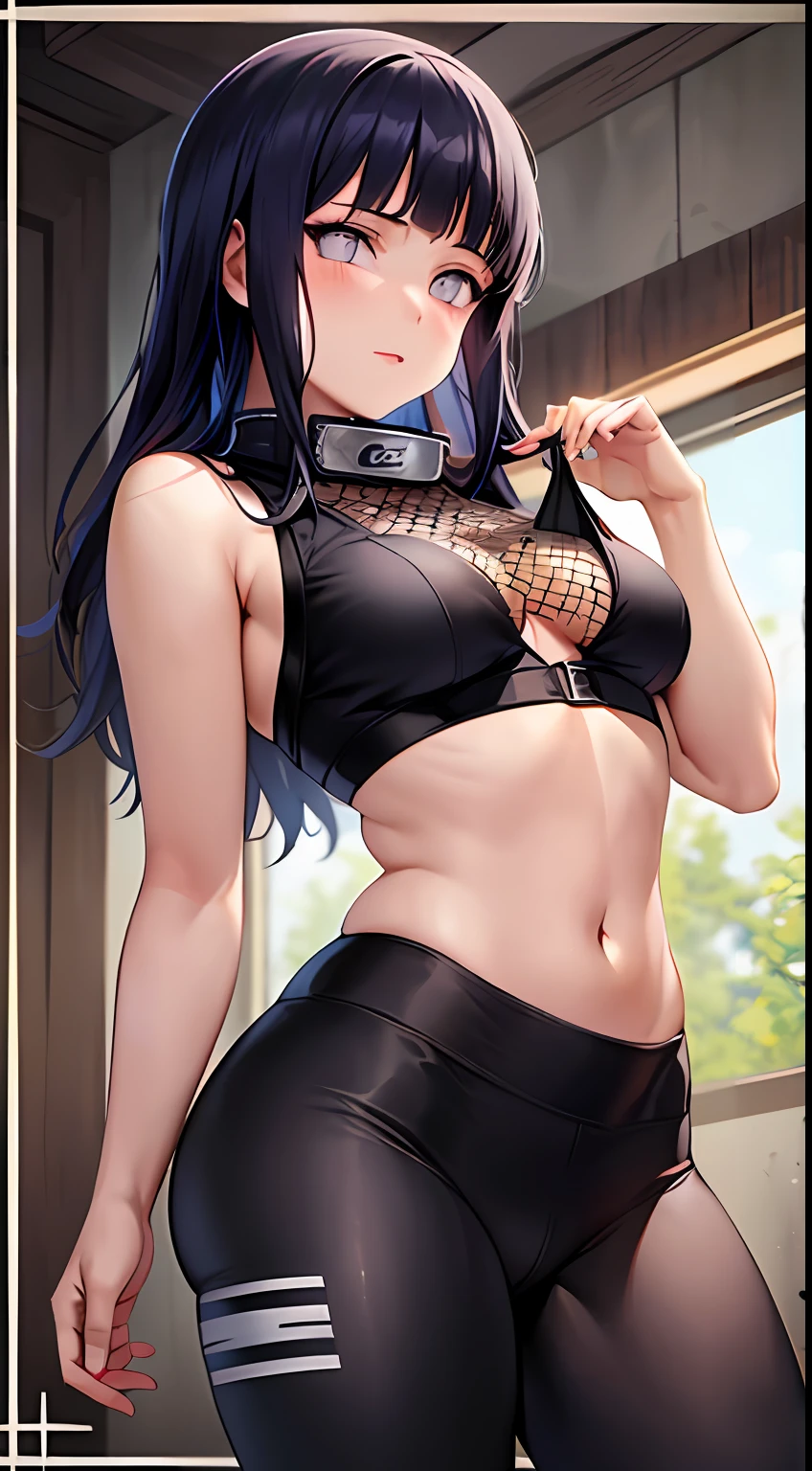 obra-prima, alto, alta qualidade, rosto detalhado, render corpo detalhado, 1girl, sozinho, hyuuga hinata, hinata-sleevless-outfit, middlebreasts, Small thorax, quadril largo, coxas grossas, top, barriga de fora, top, tampo da rede de pesca, Dark lips, no-bra, seios para fora, Dope, pernas grossas, standingn, Blushes, (no quarto), tight black legging pants