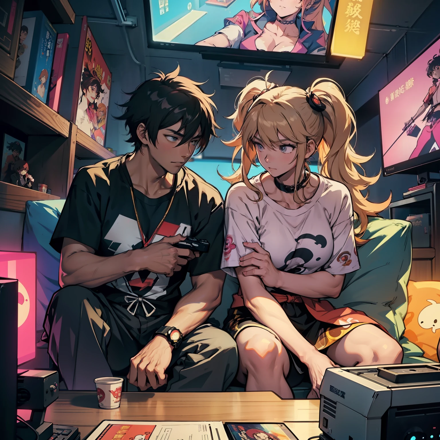 Junko and zhongli playing video games together in a room full of 80s style anime and posters in neon tones with video game controllers in their hands and enjoying