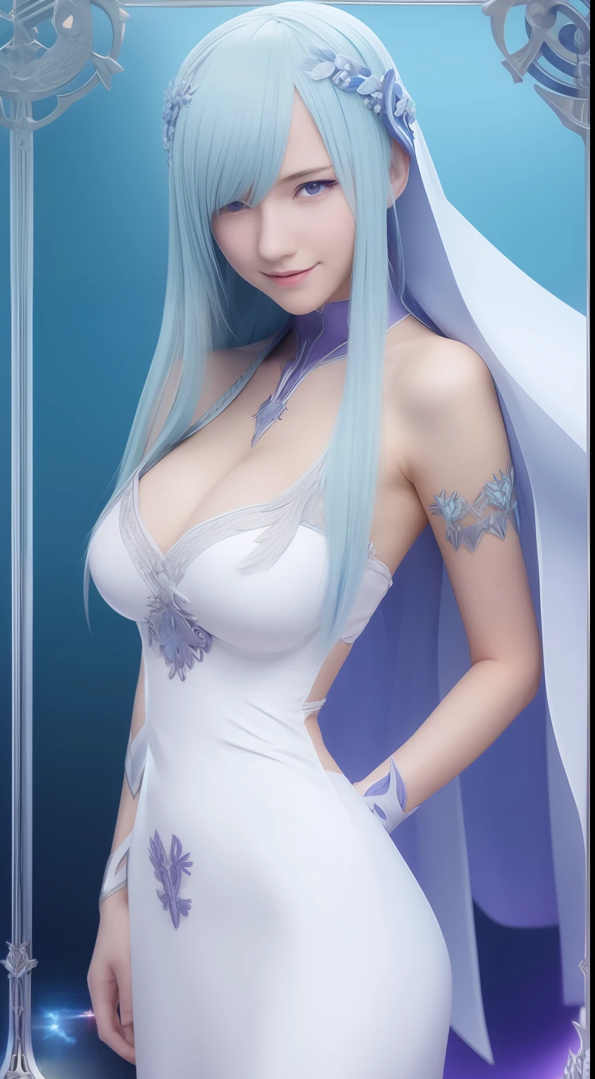 brynhildr lancer fgo,-yeure,dazzling smile,laurel wreath,white wedding dress,shyly pose, pretty round face,tall,very skinny,slender,light blue hair, cross-cut bangs strongly leans to the right,detailed hair