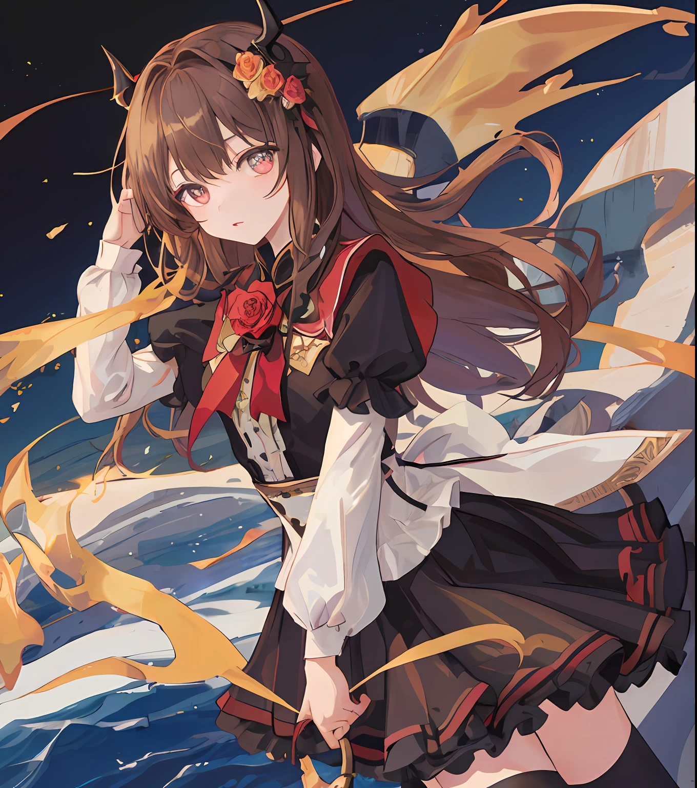 Masterpiece quality，The best quality assurance。A brown hair、Cute girl with golden eyes。Tsundere，Wearing a short Gothic skirt，Exudes magic，With a rose headdress，English-style top，Long hair flutters in the wind，Naughty，adolable，the sea，nigth，devil horns