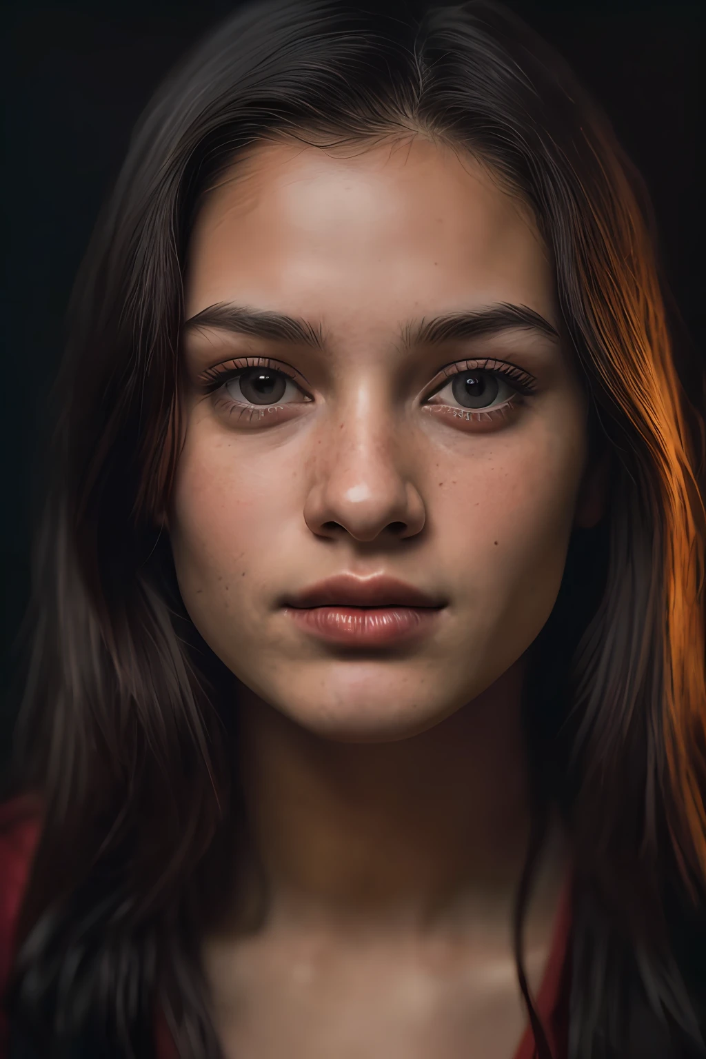 (close-up, editorial photograph of a 21 year old woman), (highly detailed face:1.4) (smile:0.7) (background inside dark, moody, private study:1.3) POV, by lee jeffries, nikon d850, film stock photograph ,4 kodak portra 400 ,camera f1.6 lens ,rich colors ,hyper realistic ,lifelike texture, dramatic lighting , cinestill 800,