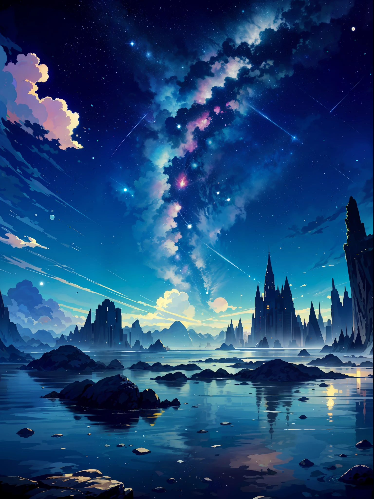 Beautiful night sky，meteor shower，Beyond the clouds，Water surrounds，inverted image，Wide Angle Angel，Breathtaking clouds，wide angles，Shinkai sincerely，tomas kinkade，James Gillard，Holographic sleep landscape，hdr，Volumetriclighting, Ray traching, A complex, high detal, The is very detailed, Deviant-art, 4k vertical wallpaper, Colorful, Airy,