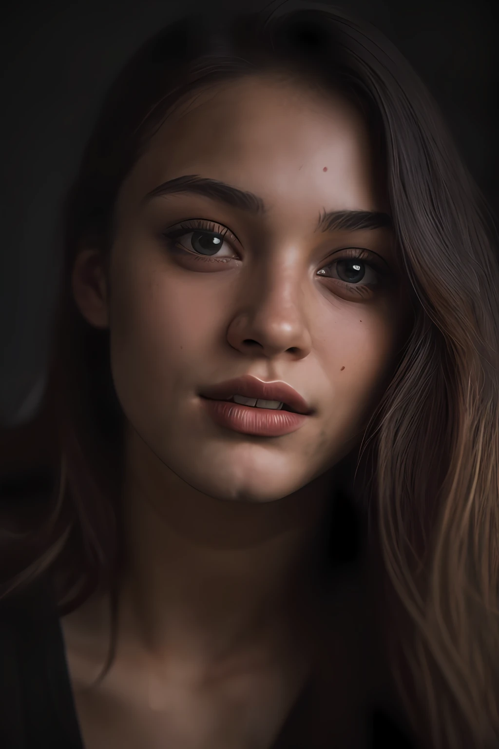 (close-up, editorial photograph of a 21 year old woman), (highly detailed face:1.4) (smile:0.7) (background inside dark, moody, private study:1.3) POV, by lee jeffries, nikon d850, film stock photograph ,4 kodak portra 400 ,camera f1.6 lens ,rich colors ,hyper realistic ,lifelike texture, dramatic lighting , cinestill 800,