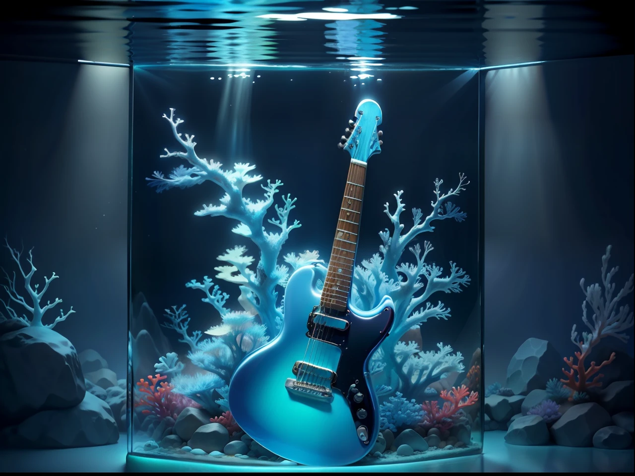 Ultra HD Vivid colors masterpiece ultra cinematic resolution.
The color guitar is the centerpiece of this digital image. She's frozen inside a transparent glass aquarium, with a thin layer of ice covering the entire surface of the guitar. The guitar strings are delicately intertwined with corals and algae that grow on the sides and bottom of the aquarium, forming a vibrant underwater backdrop.
The aquarium is illuminated by a soft blue light that reflects off the ice and walls of the aquarium, creating a dazzling effect. Several colorful fish swim around the guitar, admiring the beauty of the scene.
The detail of the image is incredible, with each guitar string detailed to perfection and the freezing effect of the colors is stunning. The resolution of the image is 16k, allowing you to visualize every detail with stunning clarity.