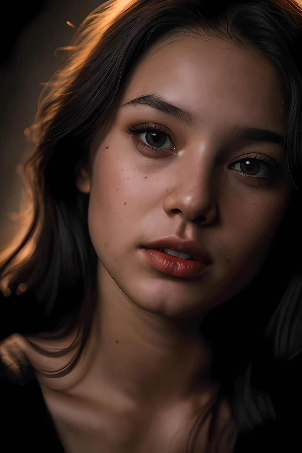 (close-up, editorial photograph of a 21 year old woman), (highly detailed face:1.4) (smile:0.7) (background inside dark, moody, private study:1.3) POV, by lee jeffries, nikon d850, film stock photograph ,4 kodak portra 400 ,camera f1.6 lens ,rich colors ,hyper realistic ,lifelike texture, dramatic lighting , cinestill 800,