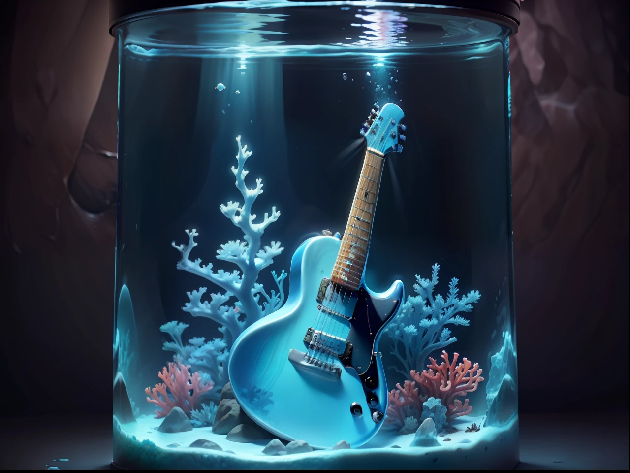 Ultra HD Vivid colors masterpiece ultra cinematic resolution.
The color guitar is the centerpiece of this digital image. She's frozen inside a transparent glass aquarium, with a thin layer of ice covering the entire surface of the guitar. The guitar strings are delicately intertwined with corals and algae that grow on the sides and bottom of the aquarium, forming a vibrant underwater backdrop.
The aquarium is illuminated by a soft blue light that reflects off the ice and walls of the aquarium, creating a dazzling effect. Several colorful fish swim around the guitar, admiring the beauty of the scene.
The detail of the image is incredible, with each guitar string detailed to perfection and the freezing effect of the colors is stunning. The resolution of the image is 16k, allowing you to visualize every detail with stunning clarity.