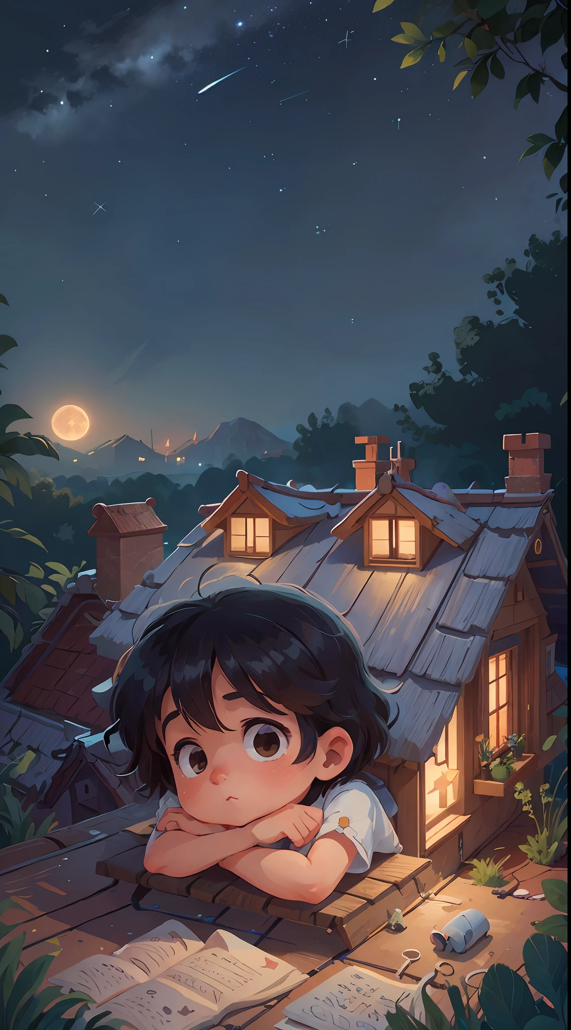 lovely illustration,( ultra detallada), Ultra resolution 8K), A child lying on the roof of his house, mirando al cielo nocturno donde las estrellas cobran vida y se definen en personajes de cuento.