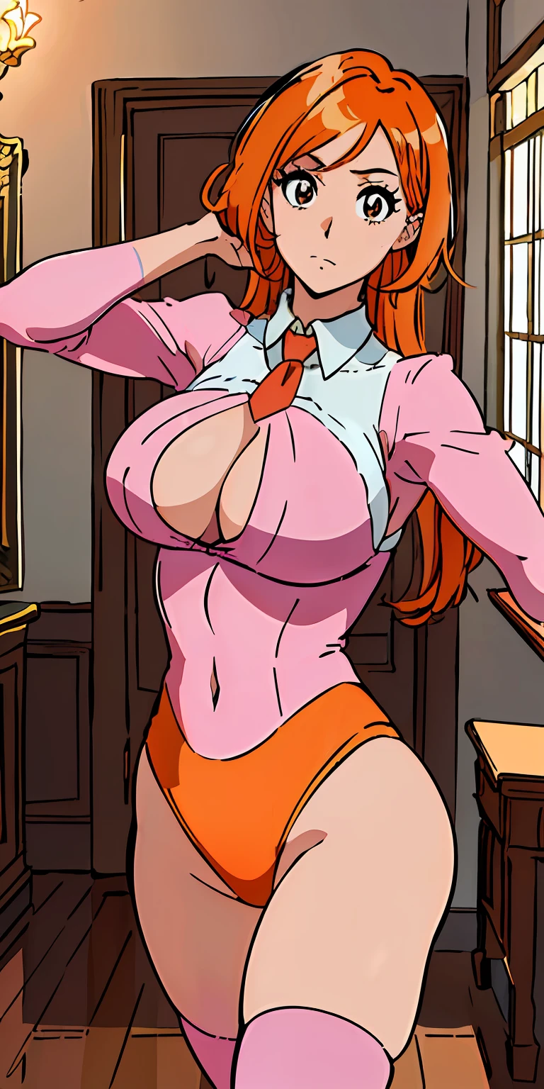 (((top-quality、masterpiece)))、1girl in、A stunning、((a room))、((Schools))、(a miniskirt)、((Orange hair))、(((Longhaire)))、barechested、A sexy、(((leotard)))、(((Colossal tits)))、large full breasts、Sheer areol、((Pink underwear is visible))、(((Show underwear)))、neck tie、I can see my chest a little