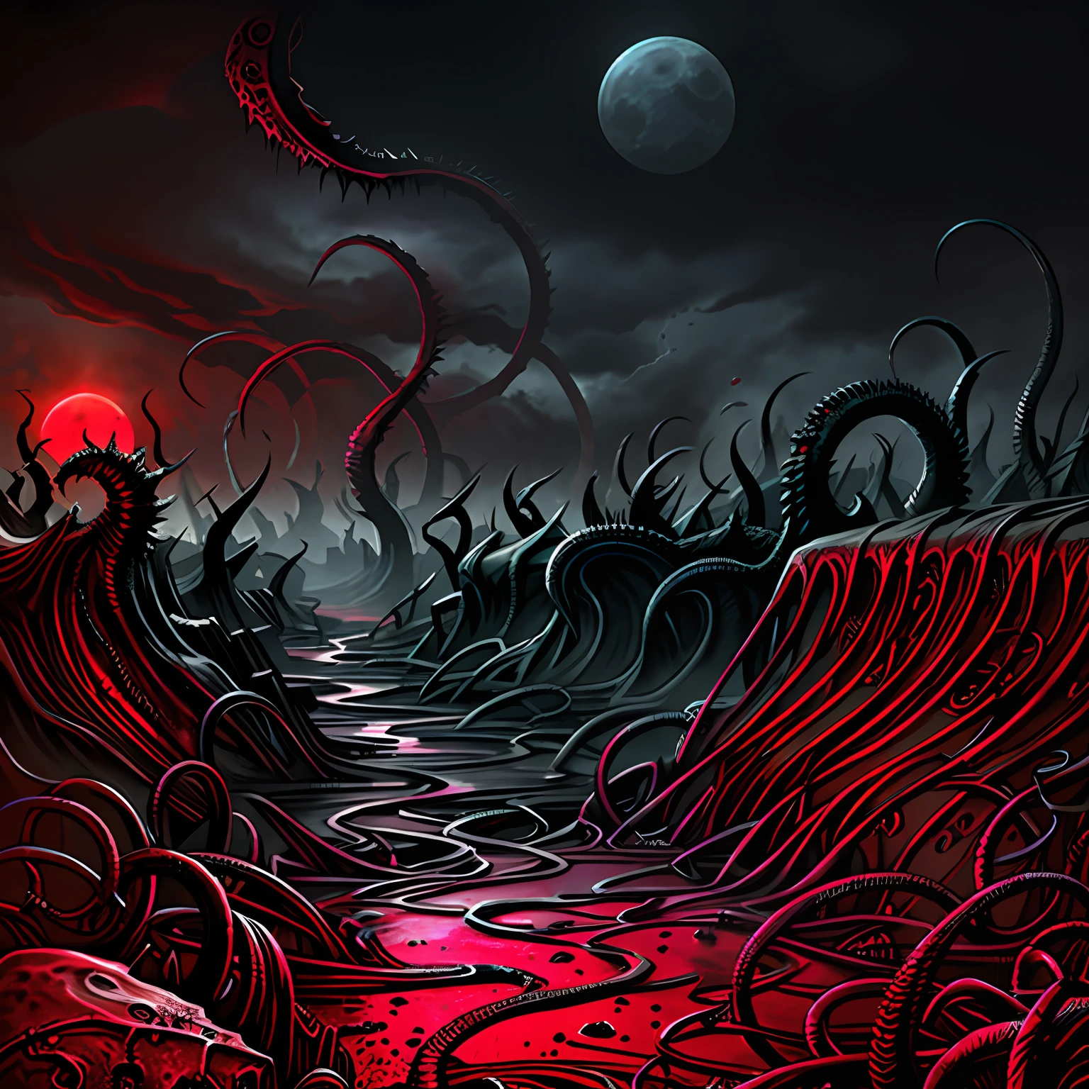 "A mad evil landscape。Tentacles rise from the abyss，Polluted rivers，A graveyard of horrors，Blood-red moon，Hyper-realistic engine，UHD sketch color painting。"