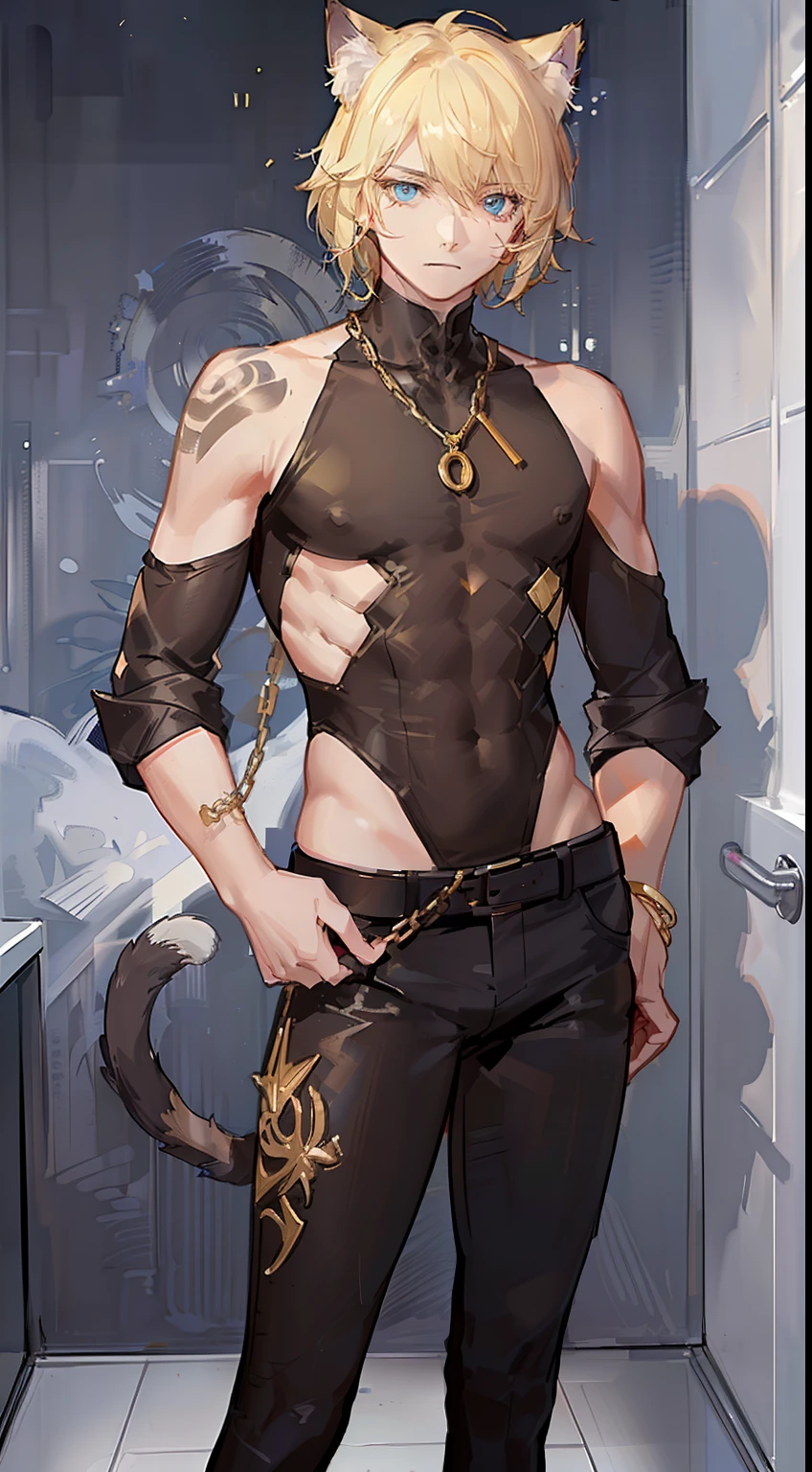 young boy, blonde hair, Bob hairstyle, blue eyes, black skintight clothes, Gold Chains, Cat's ears, Masterpiece, hiquality