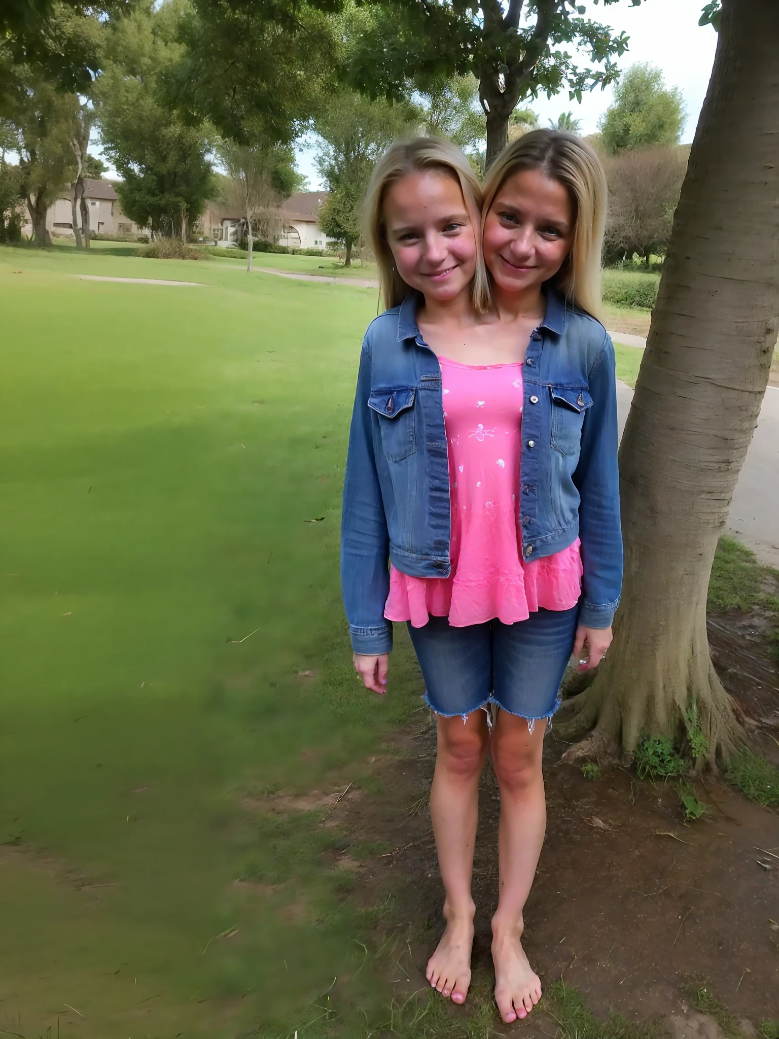 2heads, two headed girl, (mom and daughter attached to each other:1.5), (left head is a child:1.5), (one torso:1.5), (female:1.5), (blonde:1.5), (two heads attached to one body:1.4), conjoined twins, heads side by side, one body, young, uncomfortable, barefoot, bare breasts